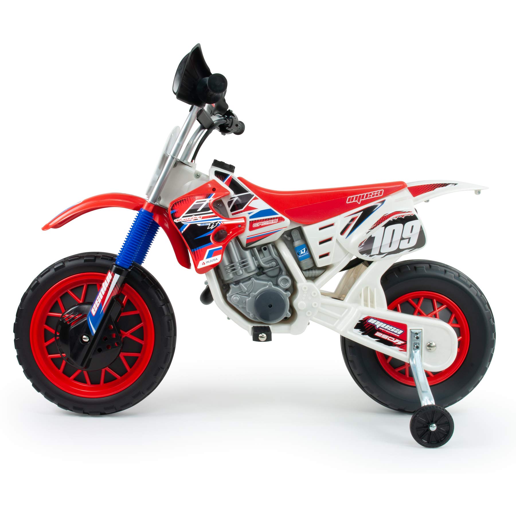 INJUSA Kids Electric Dirt Bike for Boys & Girls Ages 3-6 Years | 6V Battery | Rubber-Tread Plastic Wheels | Training Wheels | Twist-Grip Throttle | Electric Brake | 5 Km/h Max Speed | White (677/011) - Perfect for Backyard Riding, Birthday Gifts & Outdoor Adventures
