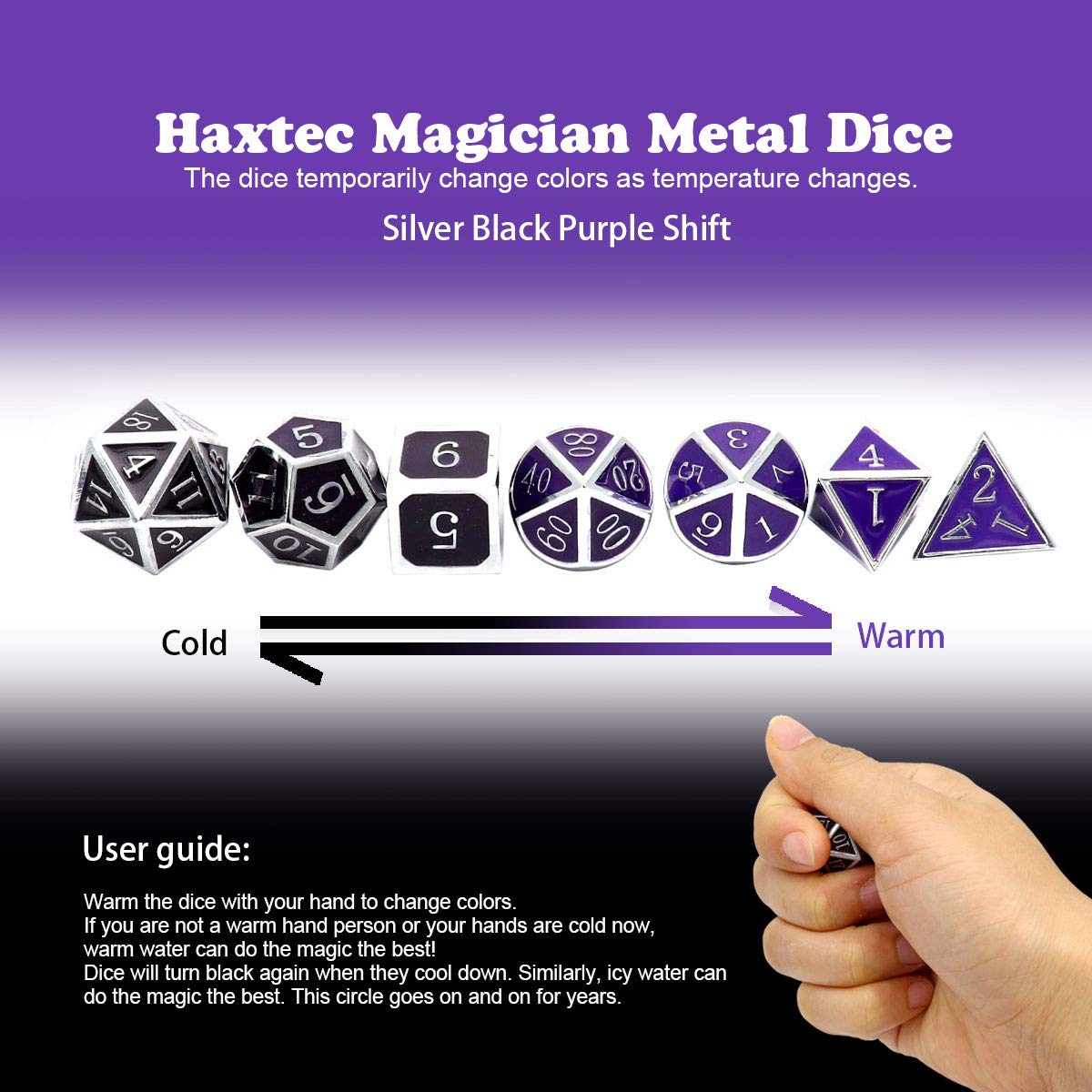 Haxtec Temperature Color Changing Metal D&D Dice Set - Polyhedral RPG Dice for Dungeons & Dragons (Silver Black Purple Shift) - Perfect for Tabletop Gaming & Collectors