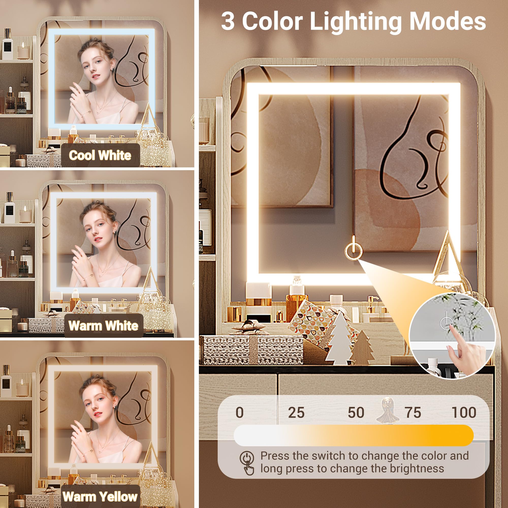 Vanity Desk with LED Light Mirror & USB Charging Station, Small Makeup Vanity Set with 2 Drawers & Storage Stool for Women Girls - White & Grey Tabletop | Perfect for Bedroom, Dorm Room & Beauty Salon