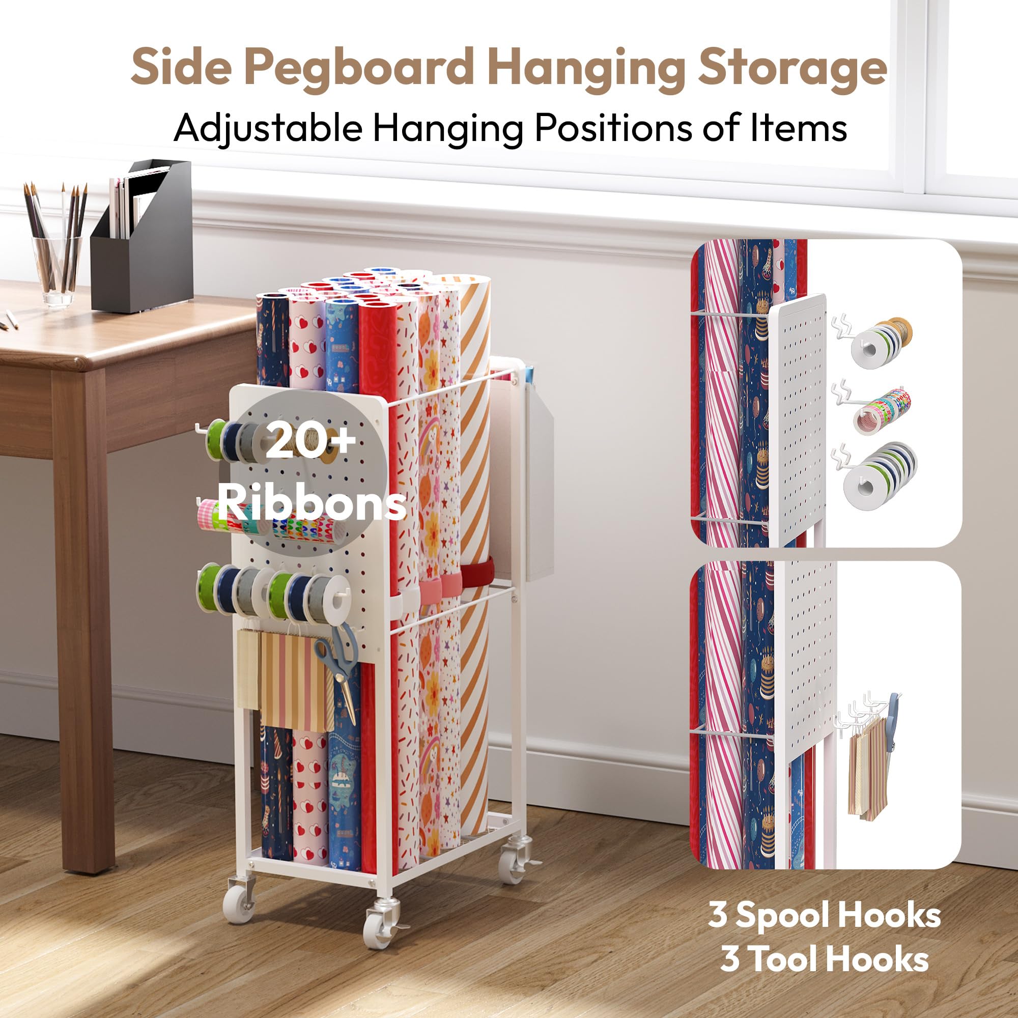 Rolling Gift Wrapping Organizer Cart with 12 Slap Bands - Portable Wrapping Paper Storage Station, Ribbon Holder, Blueprint & Poster Organizer for Crafts, DIY Projects, Home Office & Holiday Gift Wrapping