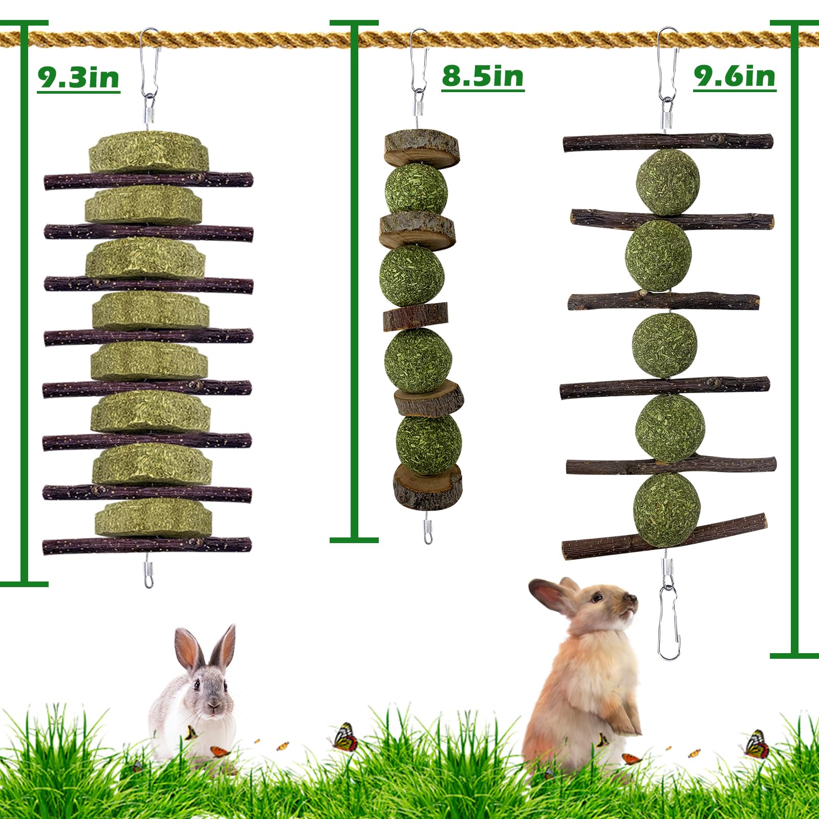 Organic Apple Wood Bunny Chew Toys for Teeth Grinding - 3 Pack Hanging Rabbit Toys with Grass Cake Treats - Safe for Rabbits, Guinea Pigs, Chinchillas, Hamsters, Gerbils & Rats - Perfect for Cage Enrichment & Dental Health