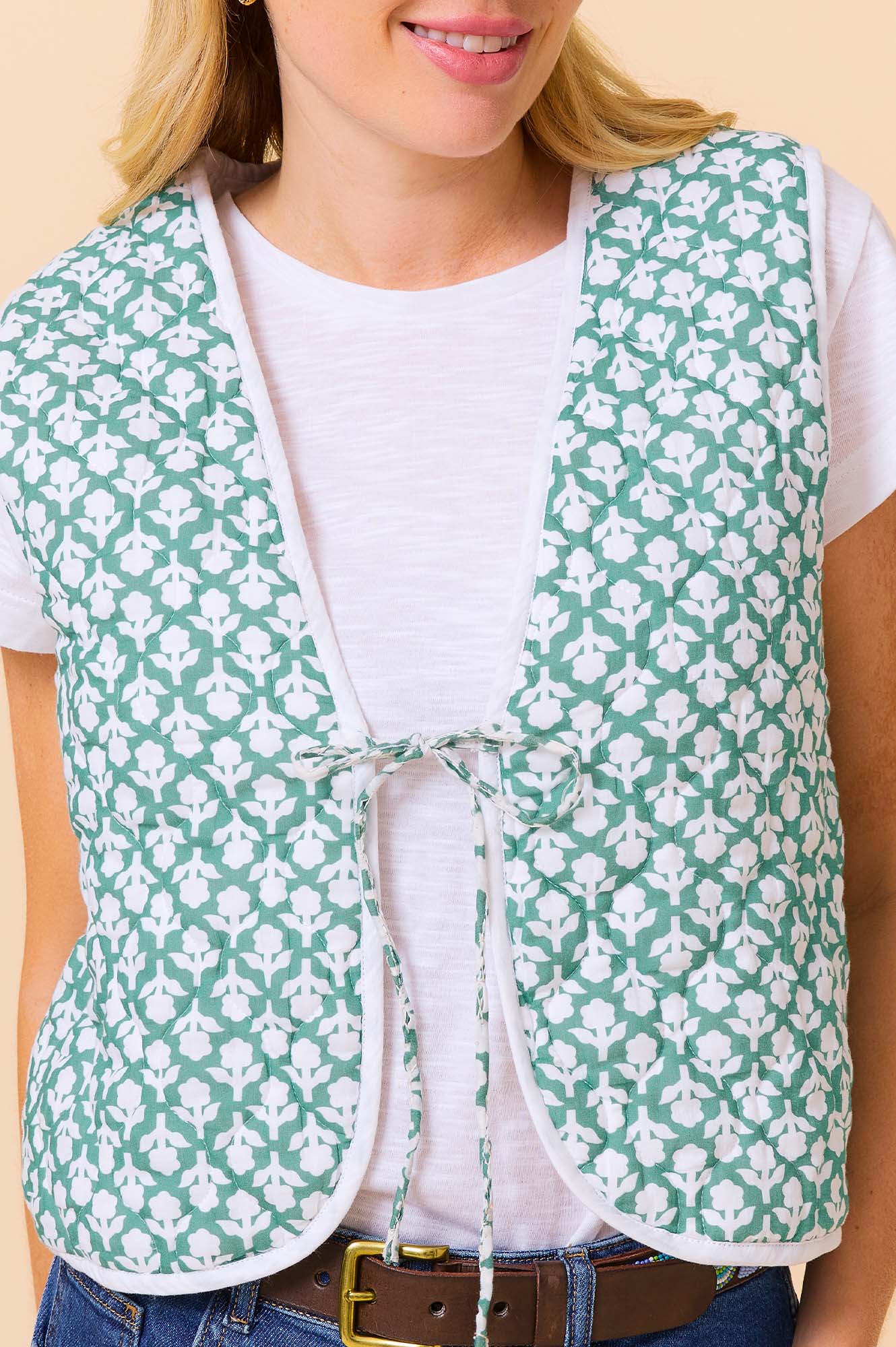 Arlo Quilted Organic Cotton Gilet Vest for Women - Flower Stamp Sage/White - Lightweight Layering Piece for Fall & Winter Fashion