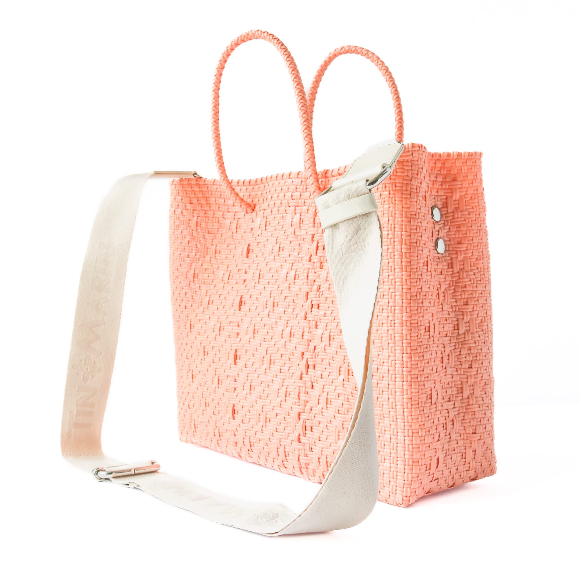 Canarias Medium Woven Crossbody Bag - Detachable Mesh Pouch, Orange Coral Beach Bag, Recycled Plastic Purse | Mexican Woven Handbag for Women | Perfect for Beach Vacations, Resort Wear & Summer Outings