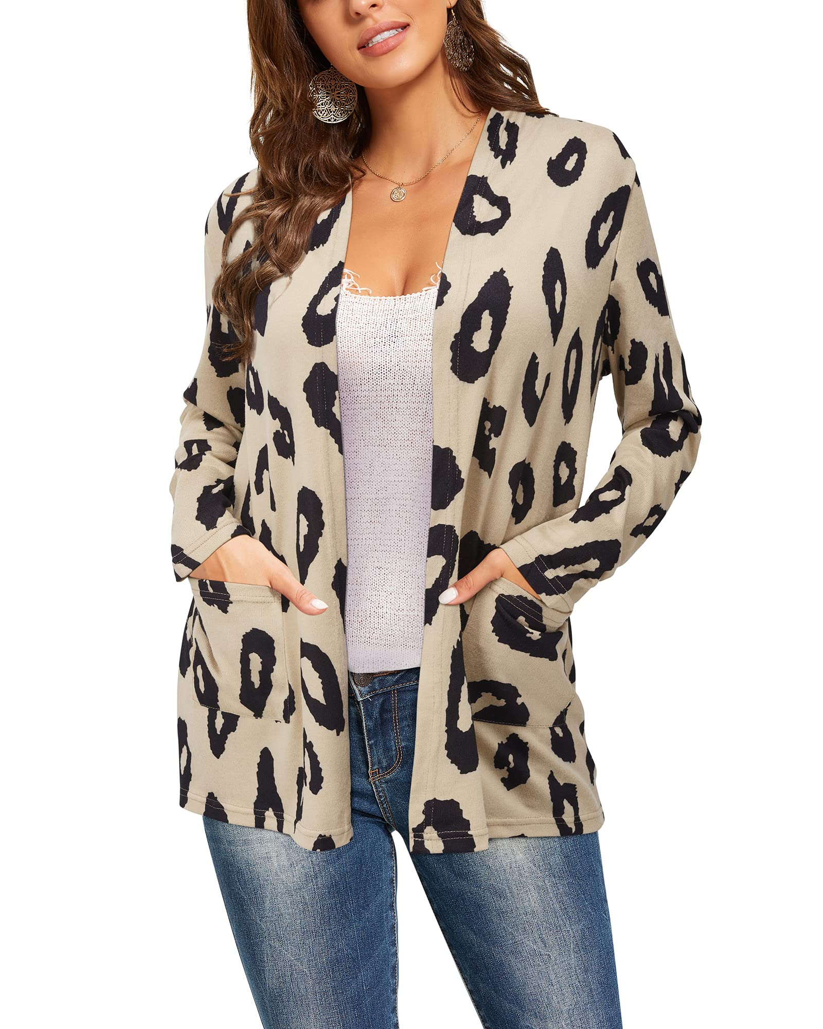 ULTRANICE Women's Lightweight Knitted Cardigan Sweater 2024 - Trendy Long Sleeve Casual Top with Pockets (Leopard Print, Size S) | Perfect for Office Wear, Layering & Fall Fashion