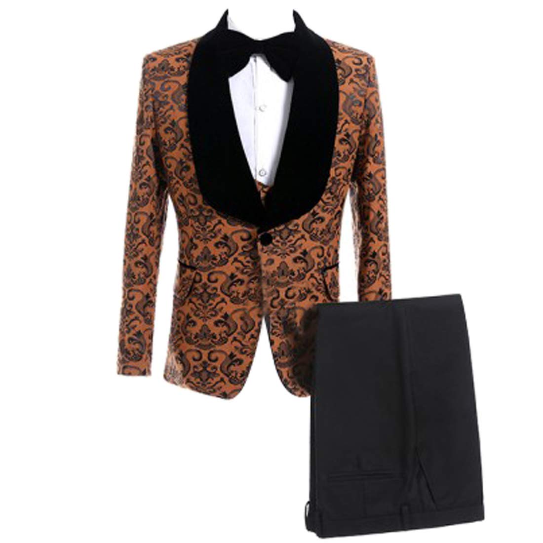 Men's 1-Button Black Shawl Lapel Suit Set with Orange Embossed Fabric (Jacket + Vest + Pants + Bowtie) - Perfect for Weddings, Prom, Formal Events & Evening Parties