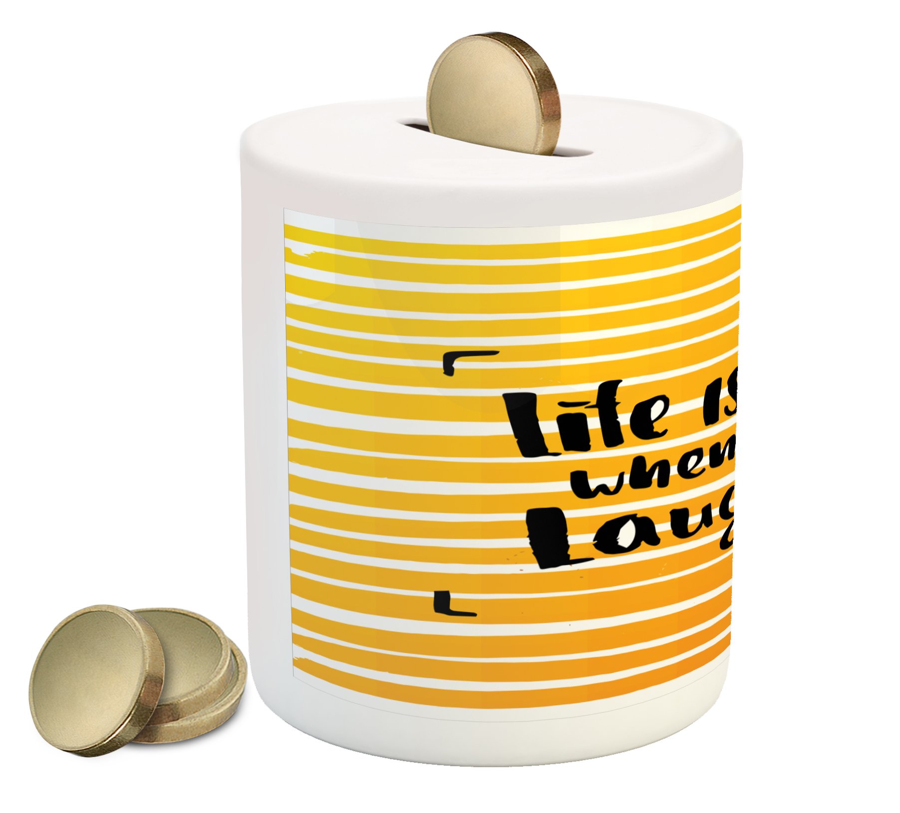 Ambesonne Ceramic Piggy Bank with Hand-Drawn Calligraphy - 'Life is Better When You're Laughing' Striped Design in Orange, Yellow & Black - Money Saving Coin Bank for Home, Office & Gift Giving