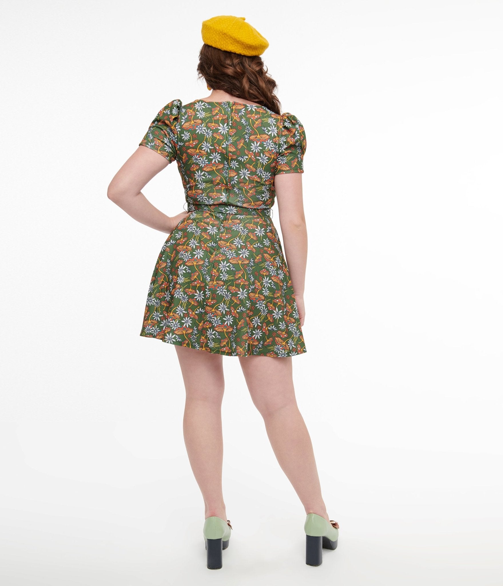 Smak Parlour 1960s Vintage Green & Orange Mushroom Print Flare Dress - Retro Hippie Style for Music Festivals & Boho Parties