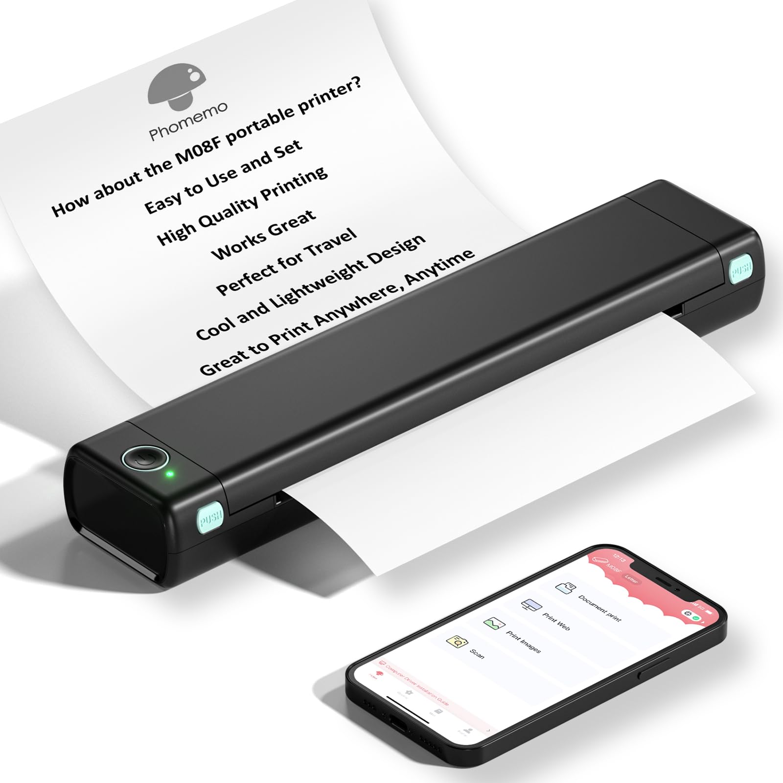 Phomemo M08F Wireless Thermal Portable Printer - Bluetooth Compact Inkless Printer for Travel & Home Use, Supports 8.5