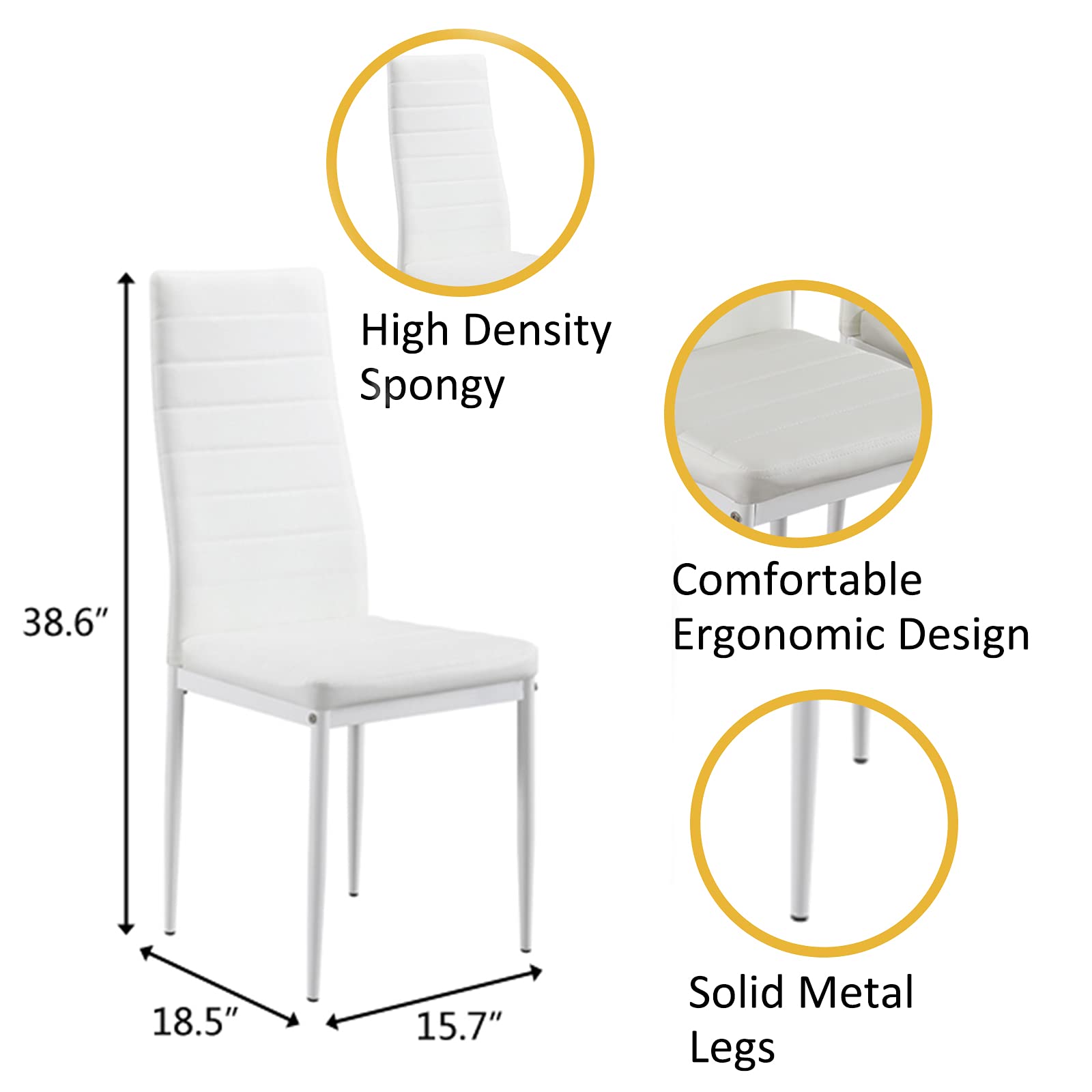 Modern 5-Piece White Rectangular Dining Table Set with Tempered Glass Top & 4 Padded Leather Chairs - Sturdy Metal Frame for Breakfast Nook, Kitchen, Dining Room - Perfect for Small Spaces & Family Gatherings