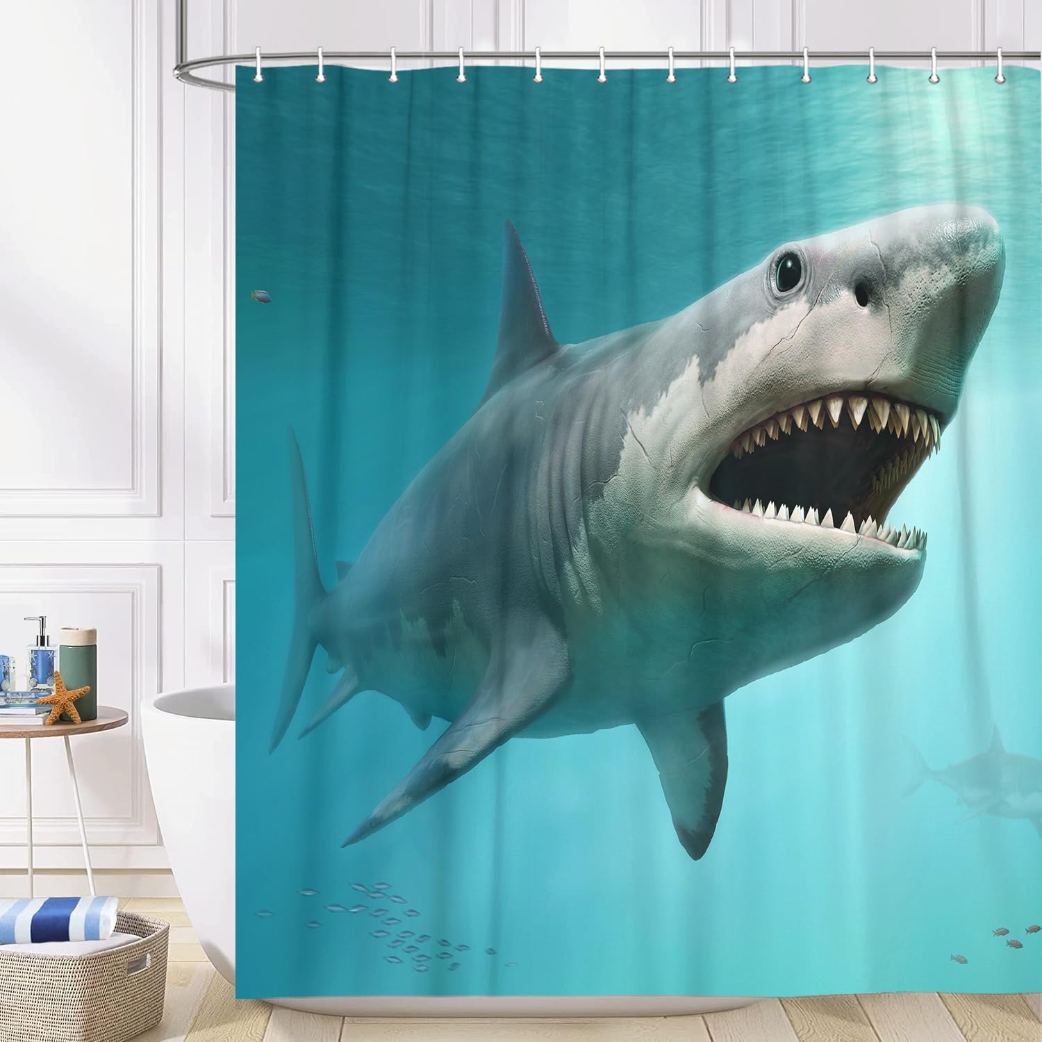 3D Shark Ocean Themed Shower Curtain - Underwater World Sea Animal Print Polyester Bathroom Decor with Hooks (69x70 Inches) - Perfect for Beach House, Kids' Bathroom & Ocean Lovers' Home Decor