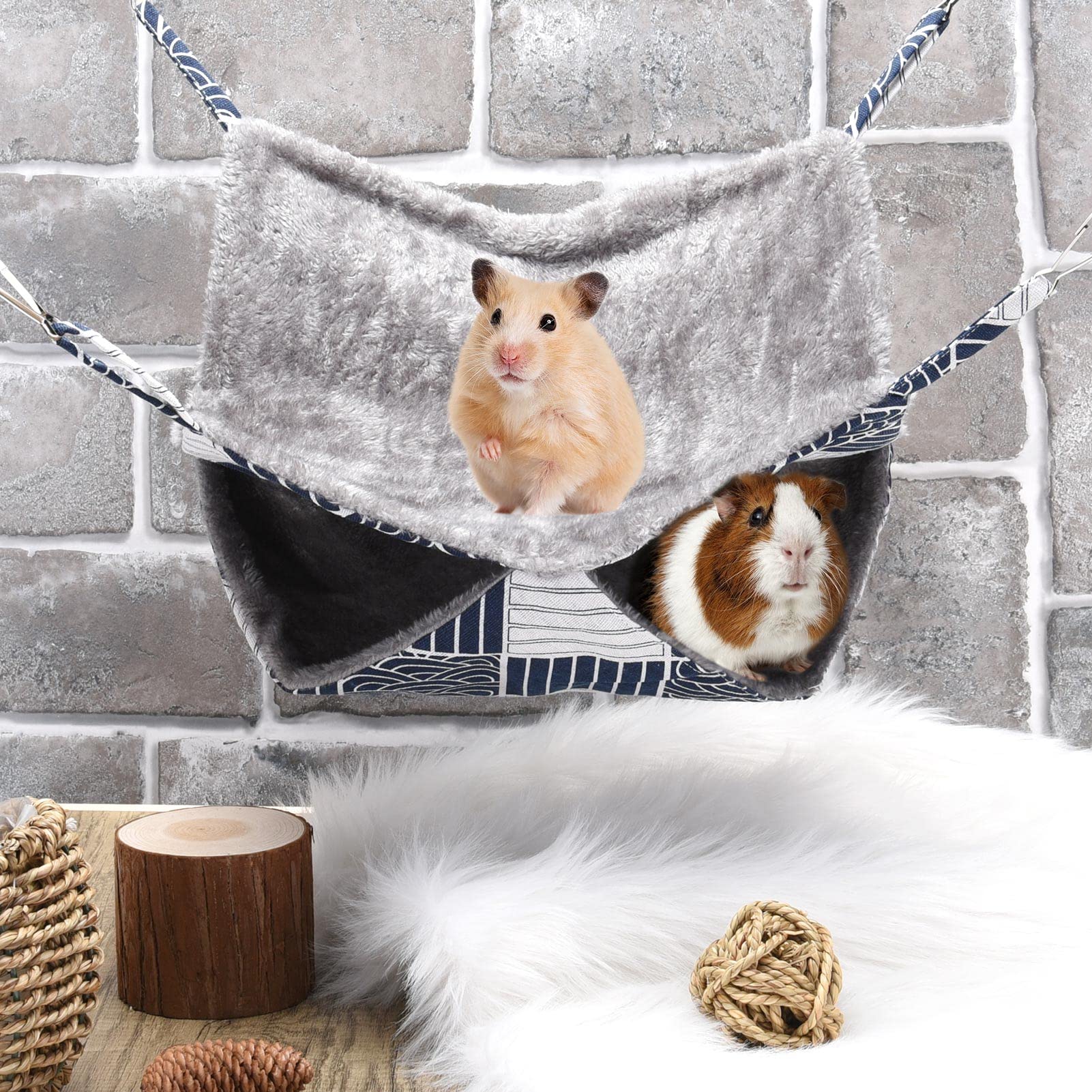 Olyee 2 Pack Double-Layer Small Animal Hammock - Warm Hanging Bed for Guinea Pigs, Hamsters, Rats, Ferrets & Squirrels | Cage Accessories for Sleeping & Playing (Pink & Navy) - Perfect for Pet Cages, Play Areas & Cozy Napping Spots
