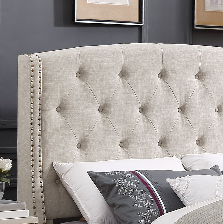 Roundhill Furniture Nantarre Fabric Button Tufted Wingback Upholstered Bed with Nailhead Trim - Queen Size Tufted Bed Frame with Upholstered Headboard, Tan - Perfect for Master Bedroom, Guest Room & Luxury Home Decor