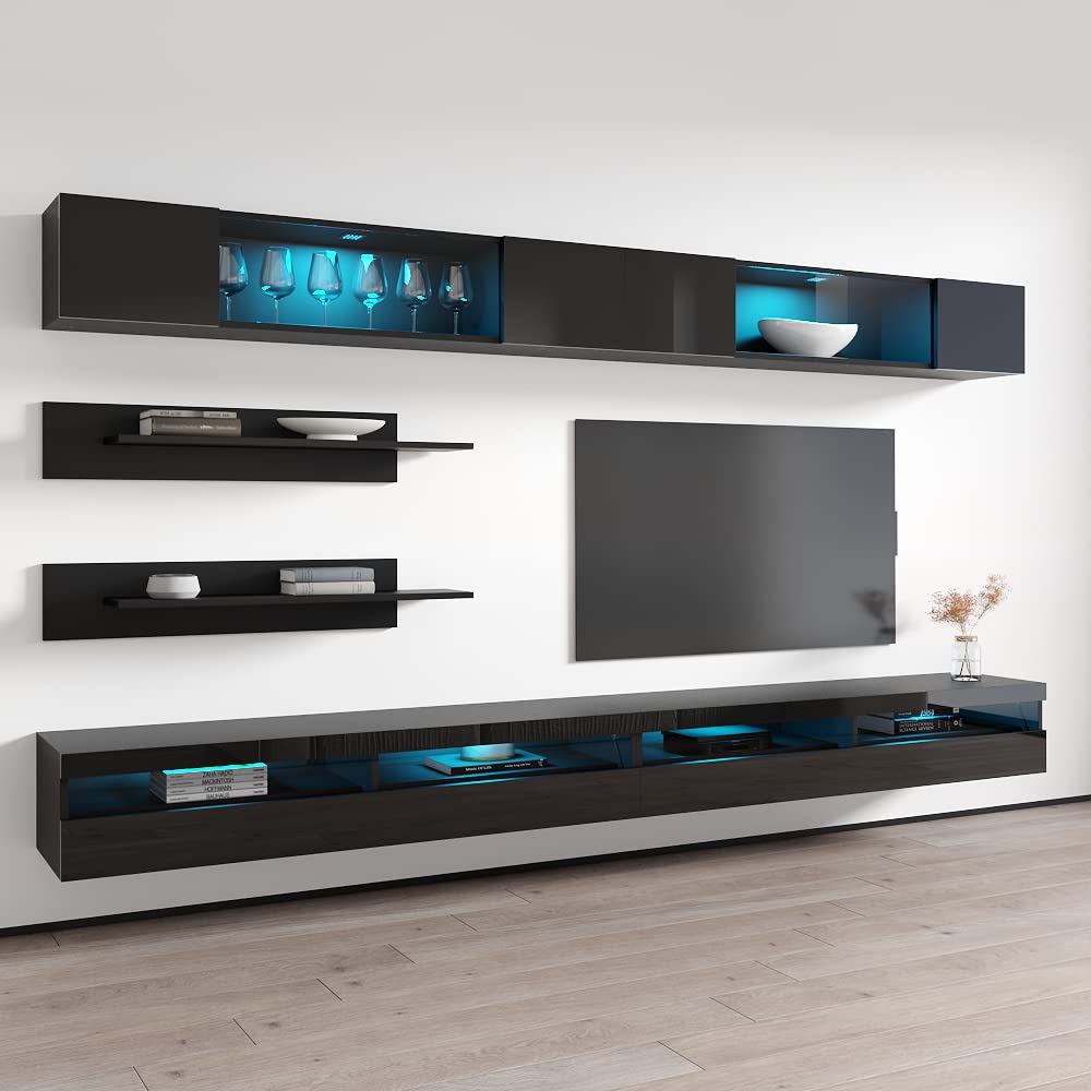 Modern Floating TV Stand with Storage & LED Lights - Wall-Mounted Entertainment Center for Bedroom & Living Room - Space-Saving TV Console with Shelves - Black - Perfect for Small Spaces & Home Theater Setup