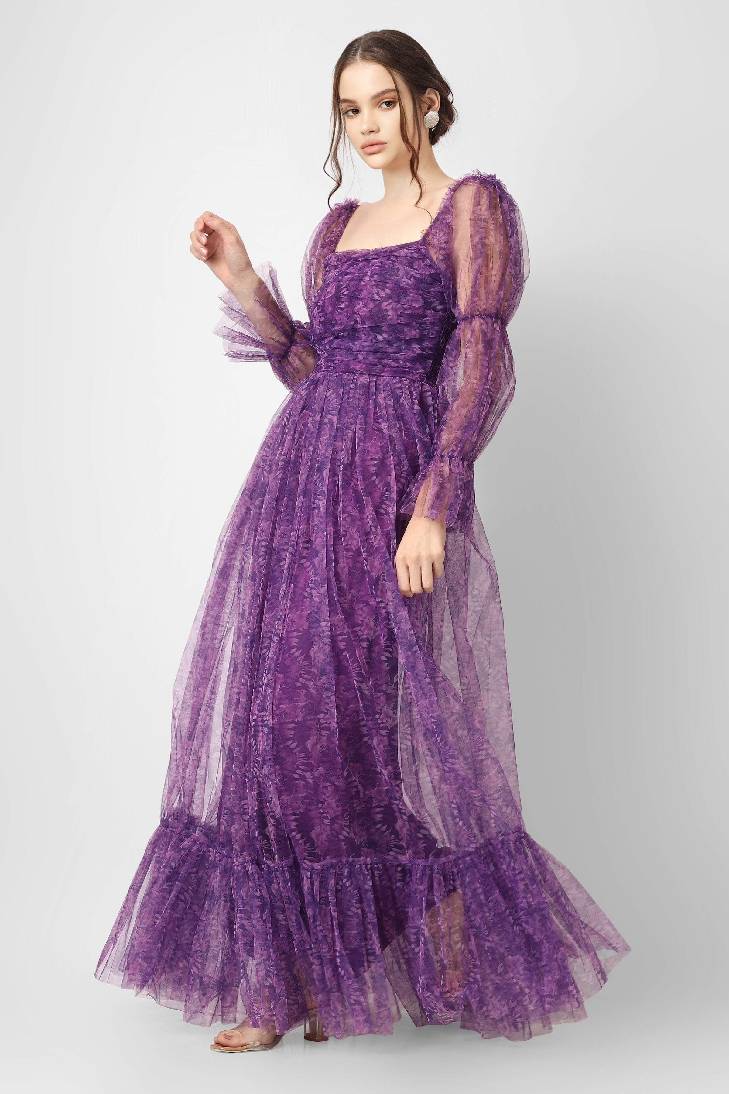 Elegant Ruth Purple Printed Tulle Dress for Women | Floral Lace Party Gown | Perfect for Weddings, Prom & Special Occasions