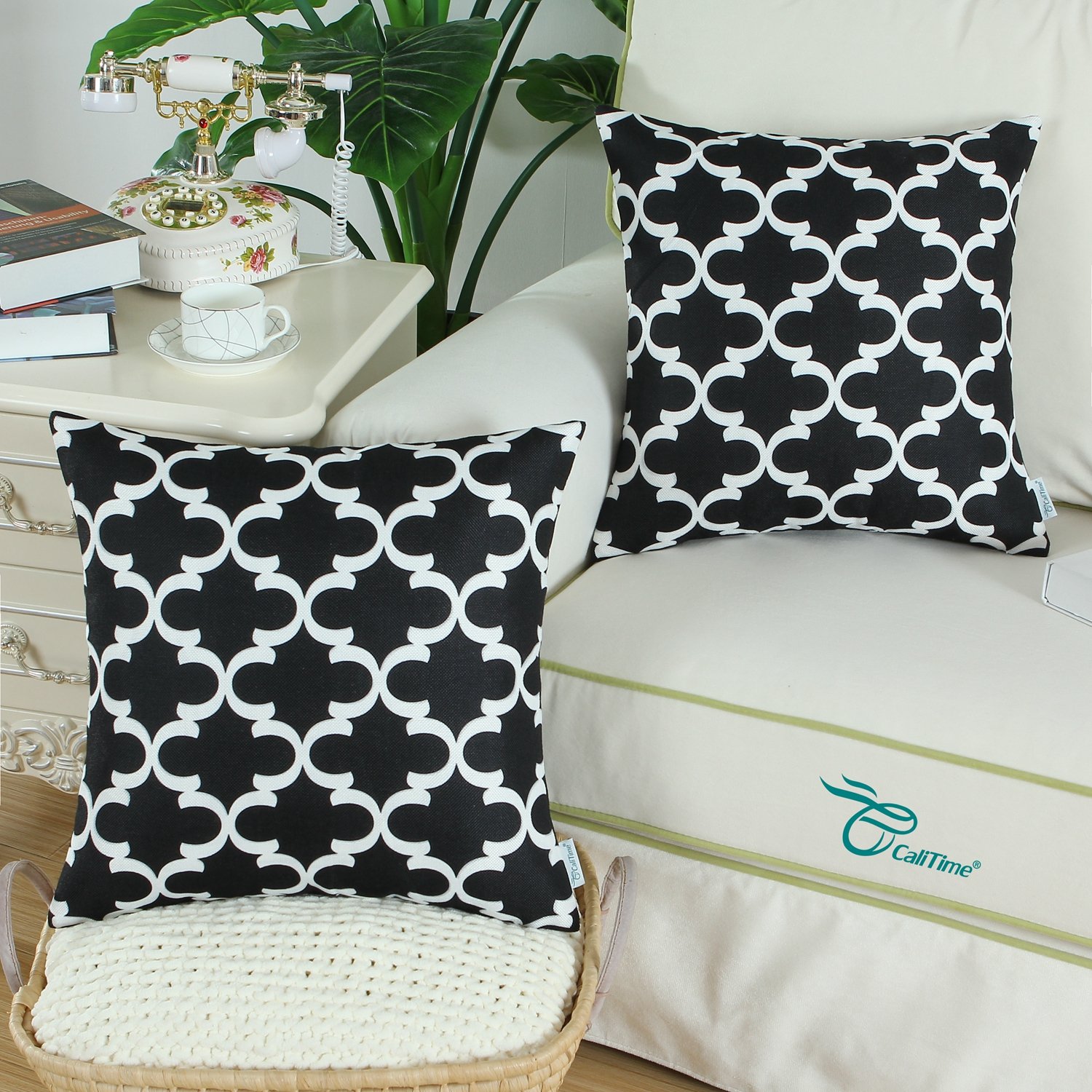 Pack of 2 Soft Canvas Throw Pillow Covers 20x20 Inches - Modern Quatrefoil Geometric Pattern for Couch, Sofa & Home Decor - Black | Perfect for Living Room, Bedroom & Office Accent