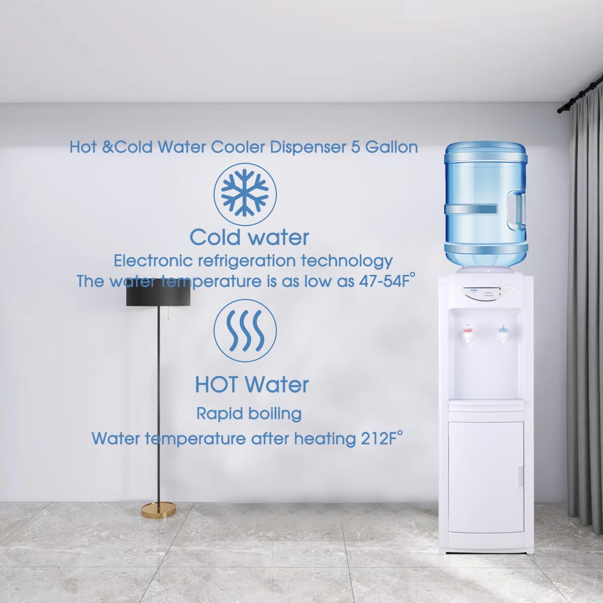5 Gallon Water Cooler Dispenser with Hot & Cold Water - Top-Loading, Child-Safe Design with Removable Drip Tray & Storage Cabinet - Perfect for Home, Office, Schools & Events (White)