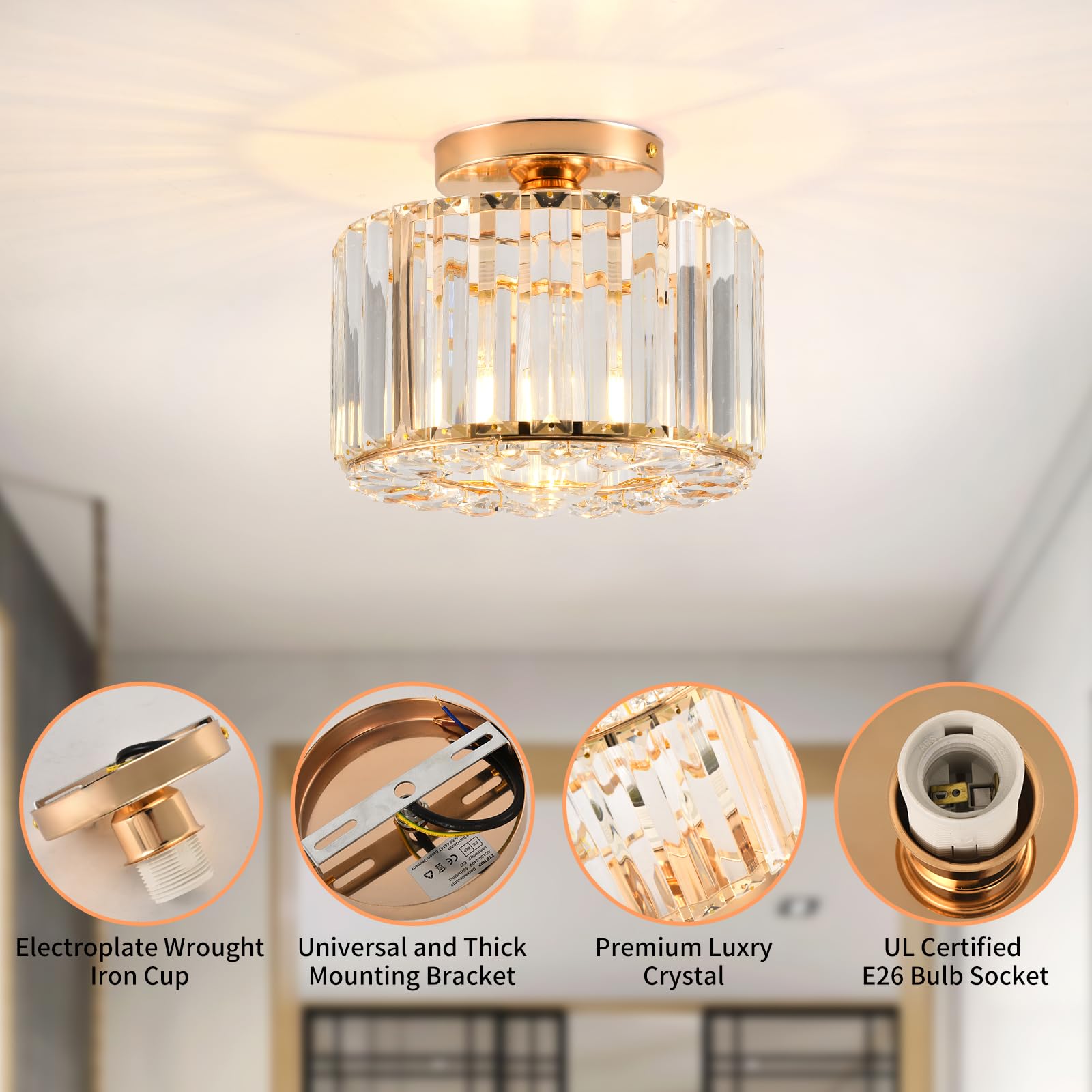 Crystal Ceiling Light Fixture - Gold Semi Flush Mount Chandelier with Crystal Accents for Bedroom, Kitchen, Hallway, Dining Room & Living Room | Elegant Lighting for Home Decor, Entryway & Bar Areas