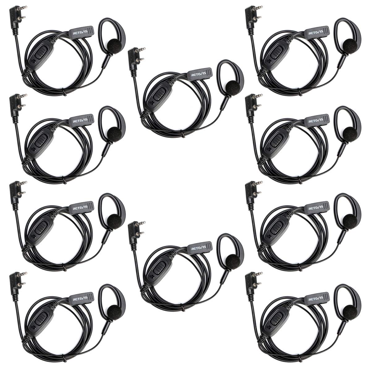 Retevis RT68 Walkie Talkie Headset with Microphone - 10 Pack, Soft Earhook & 2 Pin Connector - Compatible with RT22, RT68, RT21, H-777, RT27, RT17, NR10, Kenwood, SAMCOM, PXTON 2-Way Radios - Ideal for Security, Construction, Warehouse & Event Staff Communication