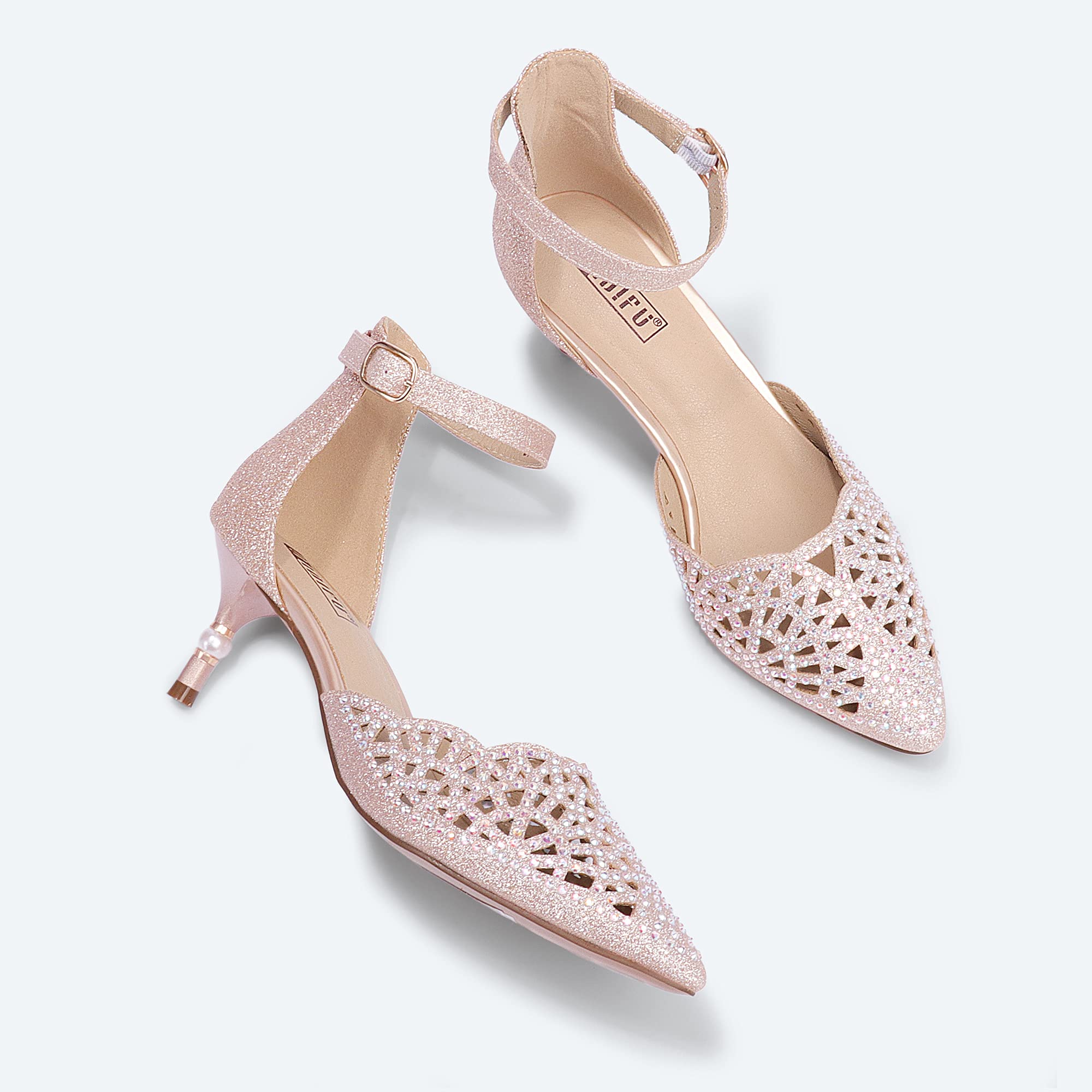 IDIFU Women's Rhinestone Sequins Kitten Heel Pumps - Elegant Wedding Shoes for Bride, Bridesmaid & Evening Party | Comfortable Low Heel Dress Shoes for Prom, Cocktail, Formal Occasions