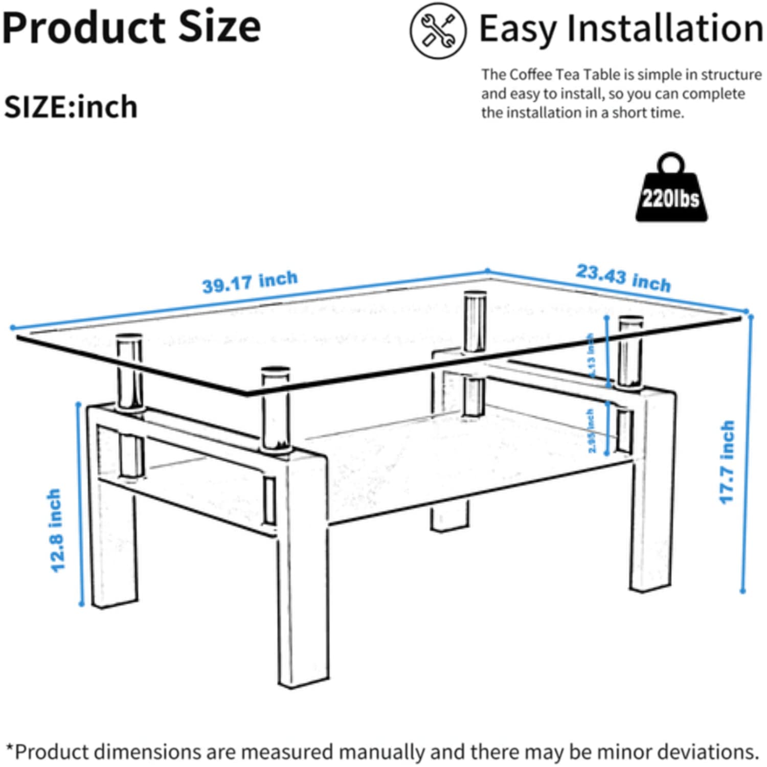 Modern Glass Coffee Table with Storage Shelf - Rectangle Living Room Center Table with Metal Tube Legs & 8mm Tempered Glass - Perfect for Small Spaces, Apartments, Living Rooms and Reception Areas