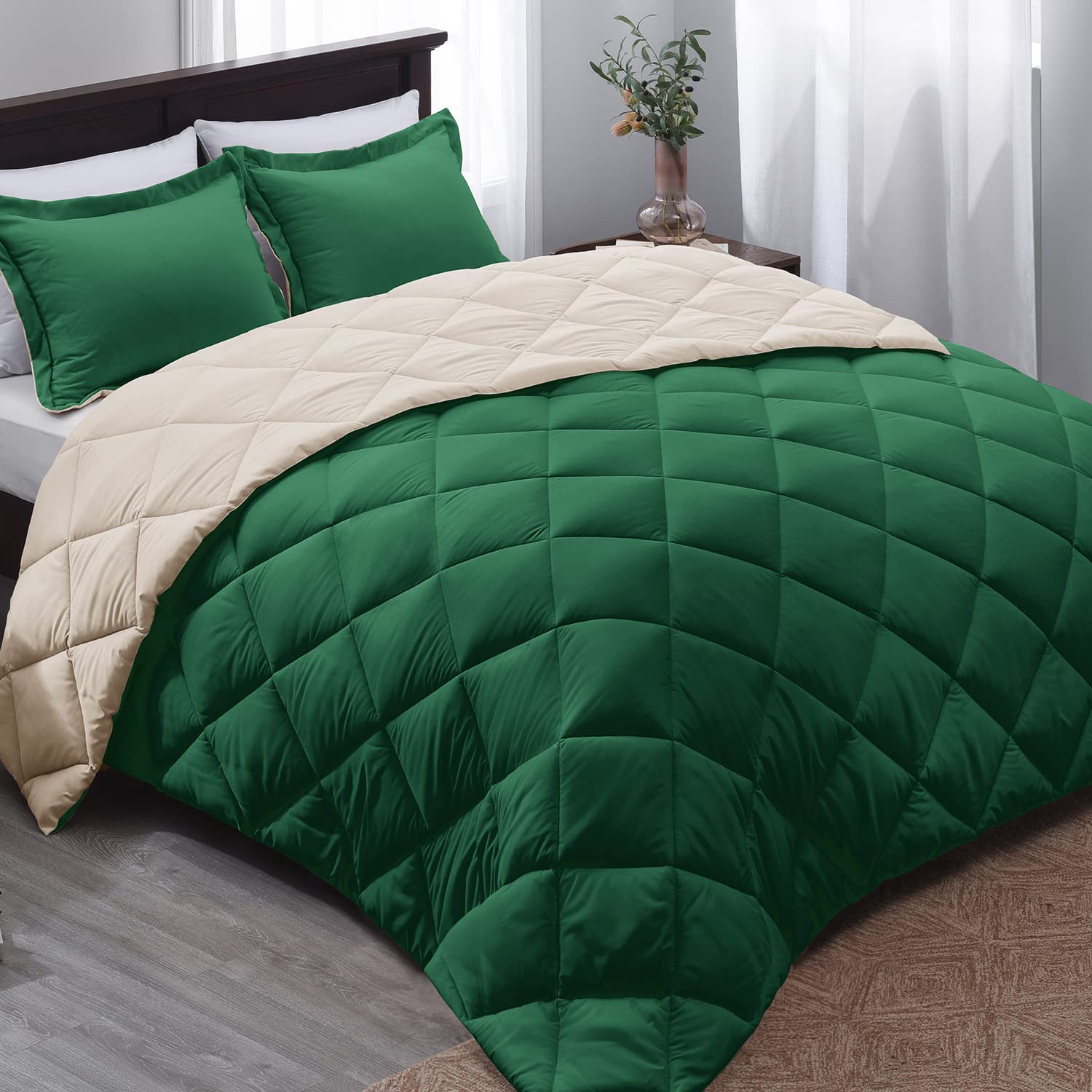 Basic Beyond Queen Comforter Set - Reversible All-Season Forest Green & Ivory Bedding (88