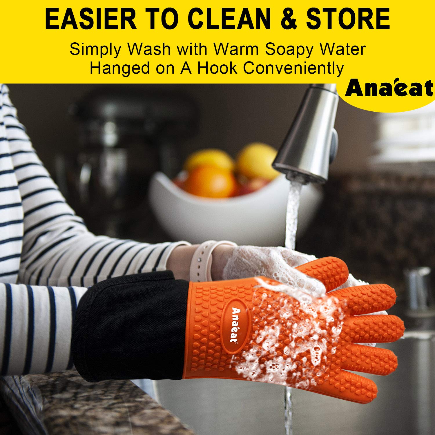 Heat Resistant BBQ Grilling Gloves - Waterproof Oven Mitts with Cotton Lining for Barbecue, Baking & Cooking - Flexible Silicone Potholder with Long Wrist Protection (Orange) - Perfect for Outdoor Grilling, Kitchen Baking & Hot Food Handling