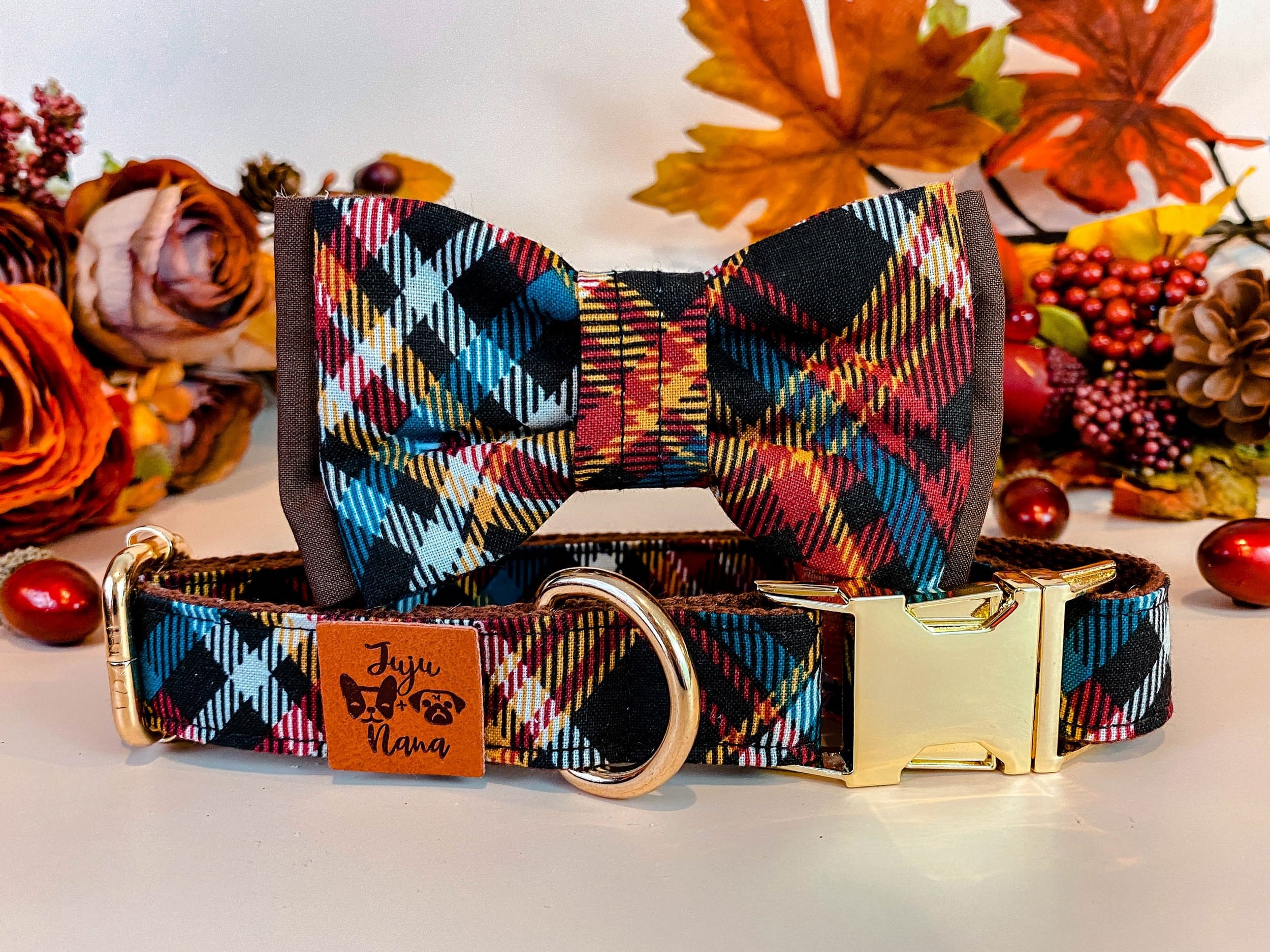 Fall Plaid Dog Collar Bow Tie - Autumn Adjustable Pet Collar for Small & Medium Dogs - Perfect for Halloween, Thanksgiving & Christmas Outfits