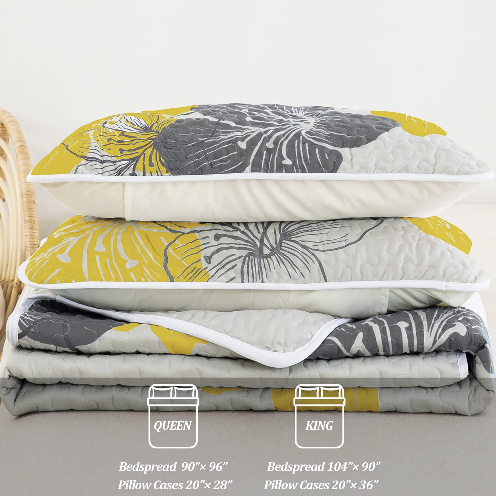 DJY 3-Piece Queen Size Yellow Floral Quilt Set - Elegant Boho Bedspread with 2 Pillow Shams | Soft Lightweight Microfiber Bedding for All Seasons (90