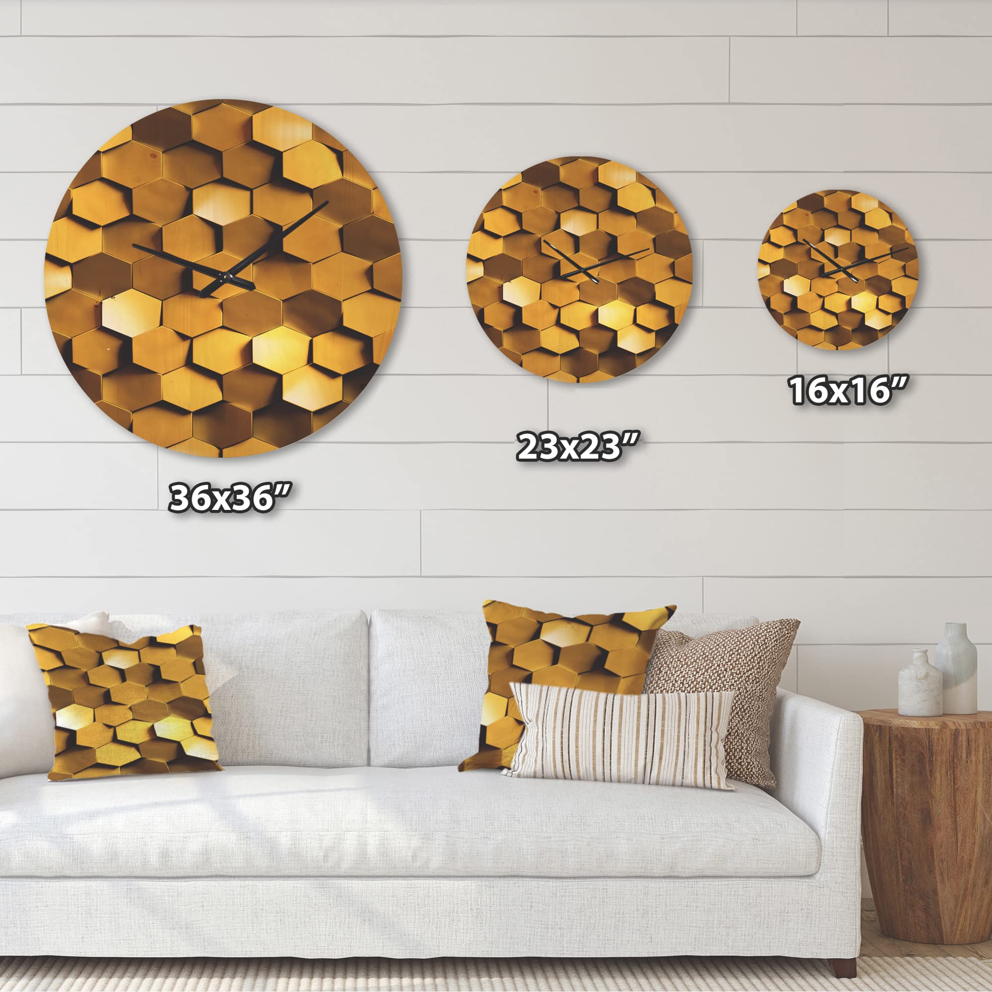 DesignQ Golden Honeycomb Texture Wall Clock - Large Modern Wooden Wall Clock with Unique Honeycomb Pattern, Oversized Decorative Clock for Living Room, Bedroom & Office Décor | Perfect for Home, Office & Gift Giving