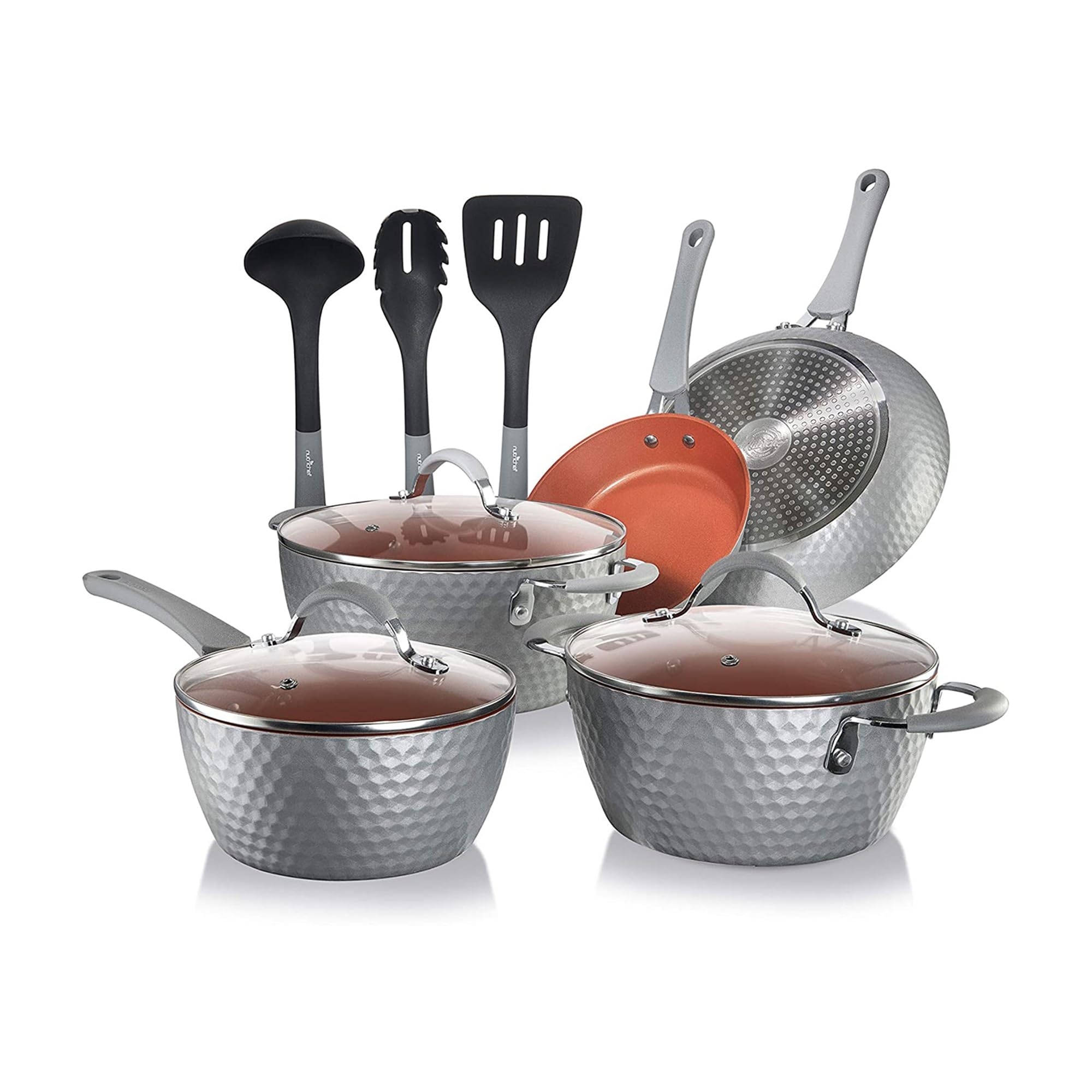NutriChef NCCW11GD 11-Piece Nonstick Ceramic Cookware Set with Lids & Utensils - Diamond Pattern Pots & Pans, Gray (2 Pack) - Perfect for Frying, Boiling & Everyday Cooking