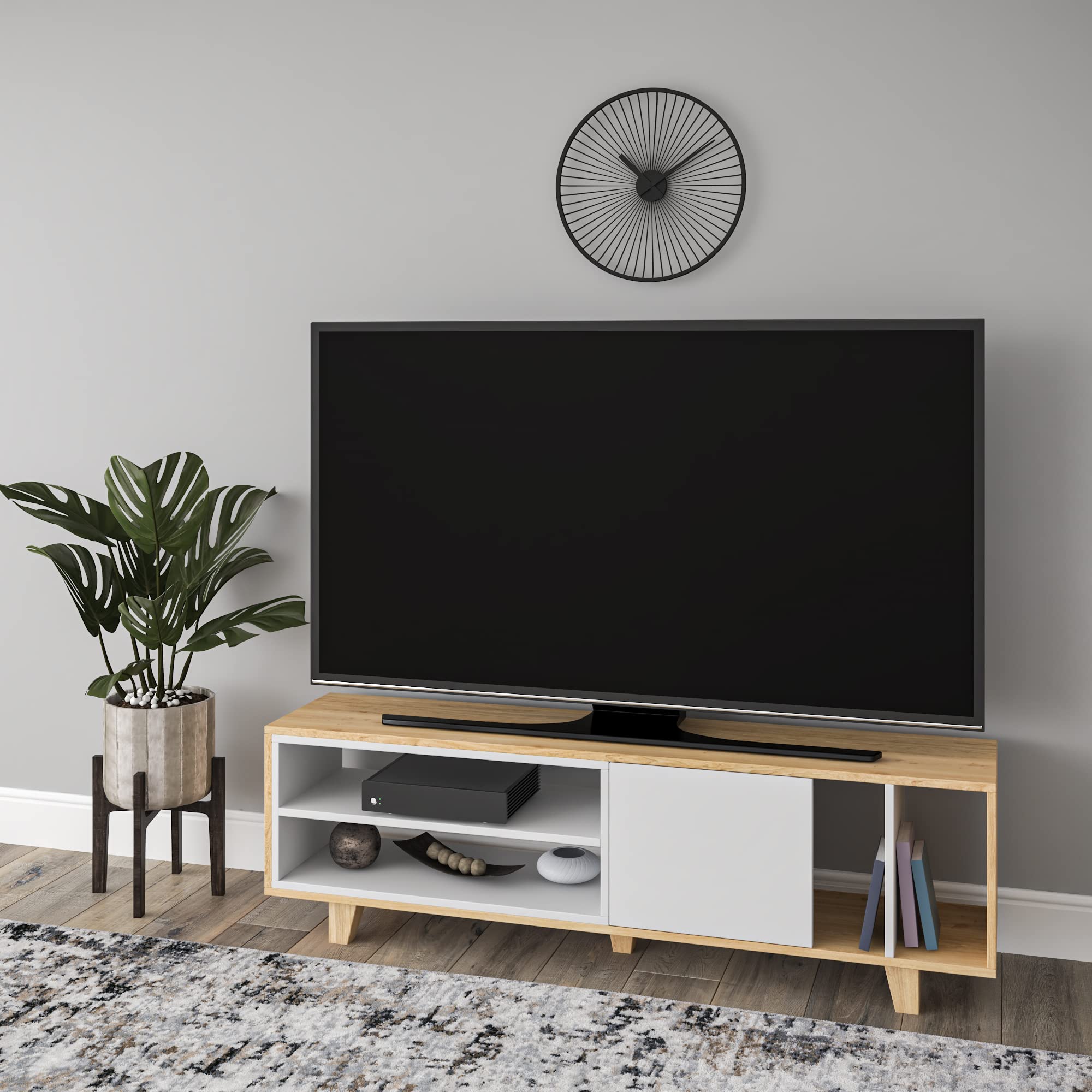 Modern Oak & White TV Stand with Storage - 18.5