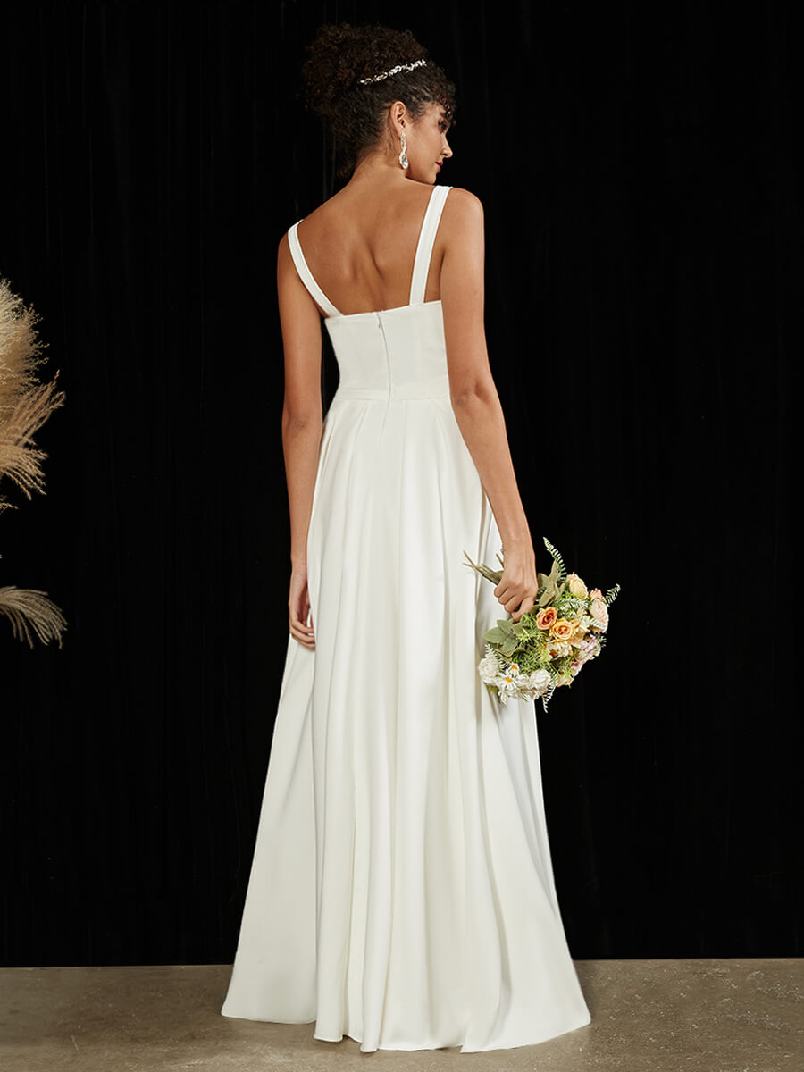 Elegant Diamond White Double FDY Sheer V-Neck A-Line Floor-Length Wedding Dress for Brides - Perfect for Church Ceremonies, Beach Weddings & Formal Receptions