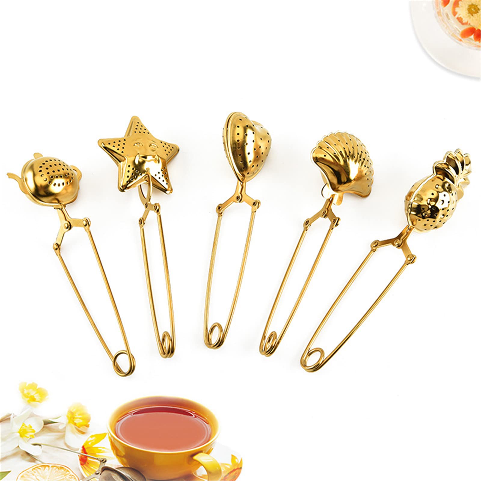 5Pcs Stainless Steel Tea Infuser Balls - Seashell, Heart, Star, Pineapple & Teapot Shaped Loose Leaf Tea Strainers with Long Handle (Gold) | Perfect for Brewing Herbal, Green & Black Tea at Home, Office or Travel