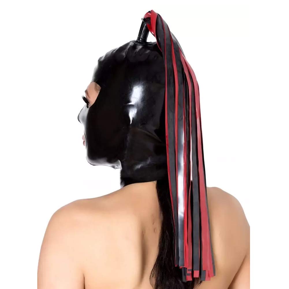 Latex Hood Mask - Full Face Rubber Mask with Big Eye Holes & Red/Black Ponytail Streamers - Halloween Costume Accessory for Cosplay, Fetish Parties & Theatrical Performances