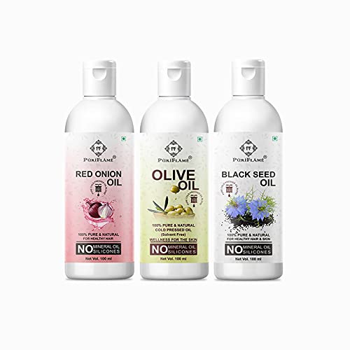 PuriFlame 100% Pure Red Onion Oil, Olive Oil & Black Seed Oil Combo (3x100ml) - Natural Hair Growth Treatment for Thicker, Stronger Hair | Reduces Hair Fall, Repairs Split Ends & Adds Shine | Perfect for Daily Hair Care Routine & Scalp Massage