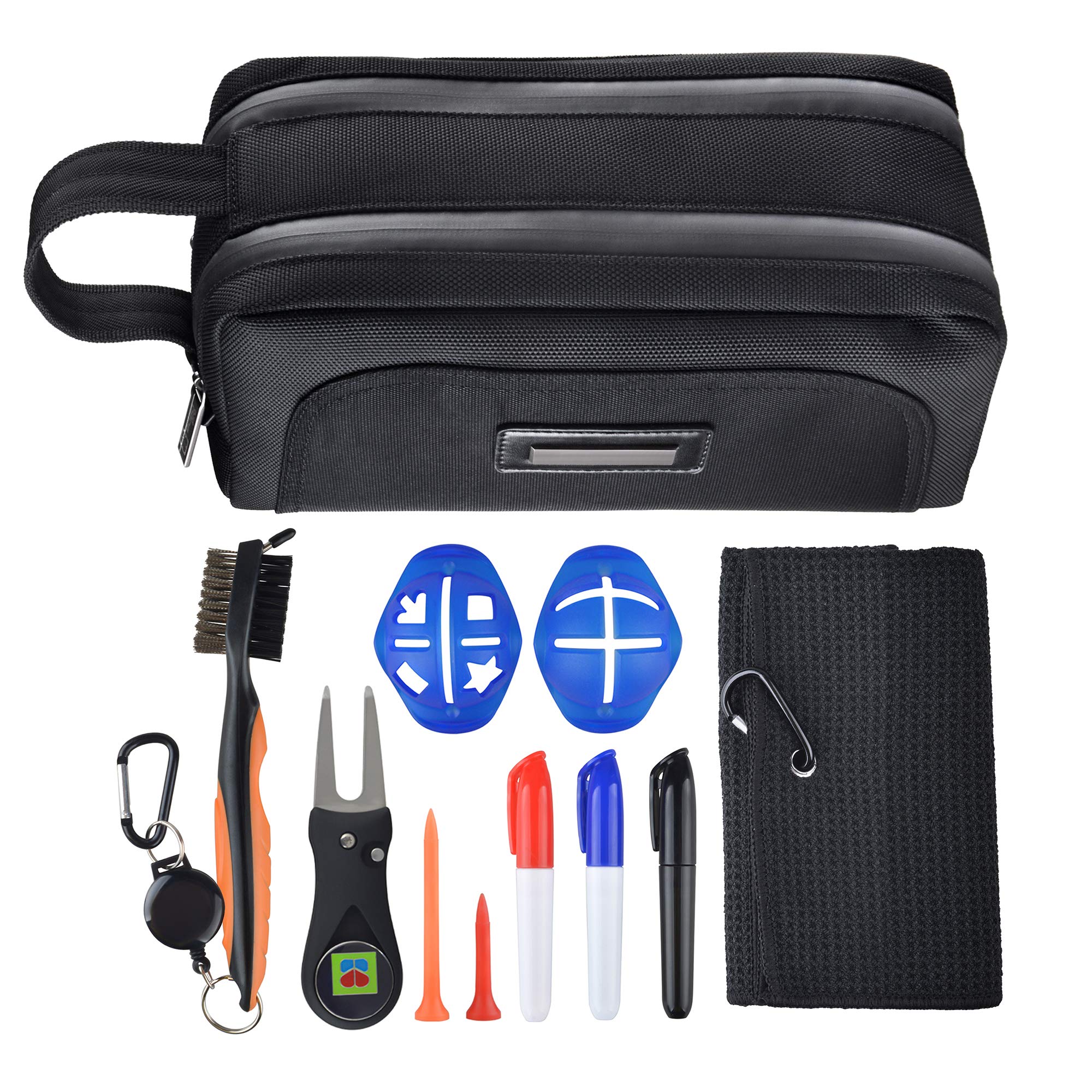 Premium Golf Accessories Gift Set - Includes Golf Towel, Club Brush with Groove Cleaner, Foldable Divot Tool, Ball Marker & Tee Holder - Waterproof Golf Bag Organizer for Men, Women & Kids - Perfect for Practice, Tournaments & Golf Course Use