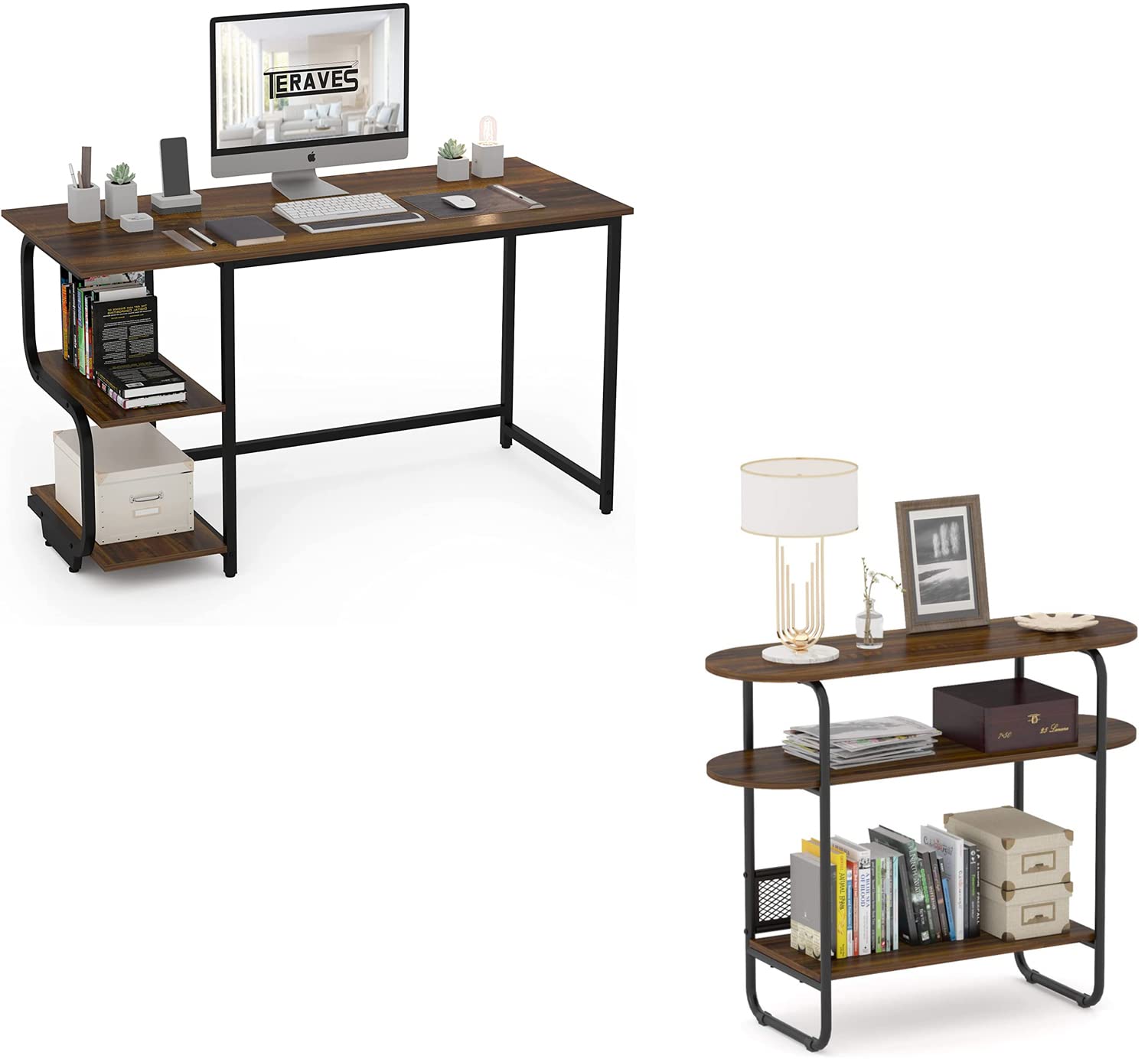 Teraves Reversible Small Space Computer Desk with Shelves - Industrial Style 3-Tier Entryway Table for Home Office, Gaming & Living Room Organization