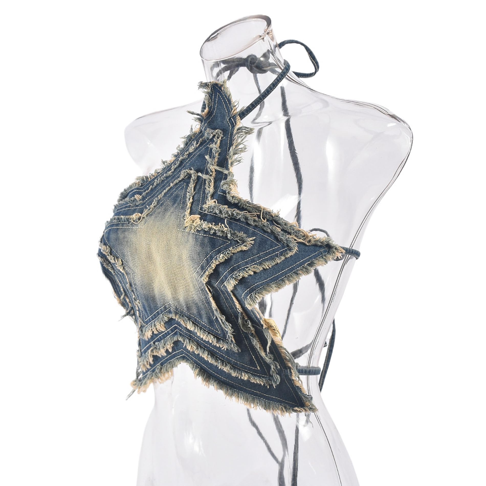 Y2K Women's Halter Backless Cami Crop Top - Raw Trim Washed Denim Star Tank with Self Tie for Rave & Festival Outfits | Trendy Streetwear & Summer Fashion