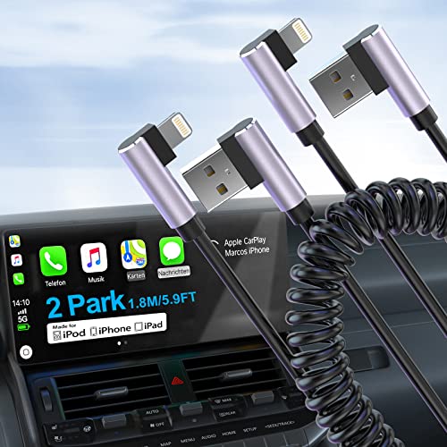 MFi Certified 2-Pack Coiled Lightning Cable for Car - 90 Degree Right Angle iPhone Charger Cord Compatible with iPhone 13/12/11 Pro/11/X/8 - Perfect for Road Trips & Car Charging