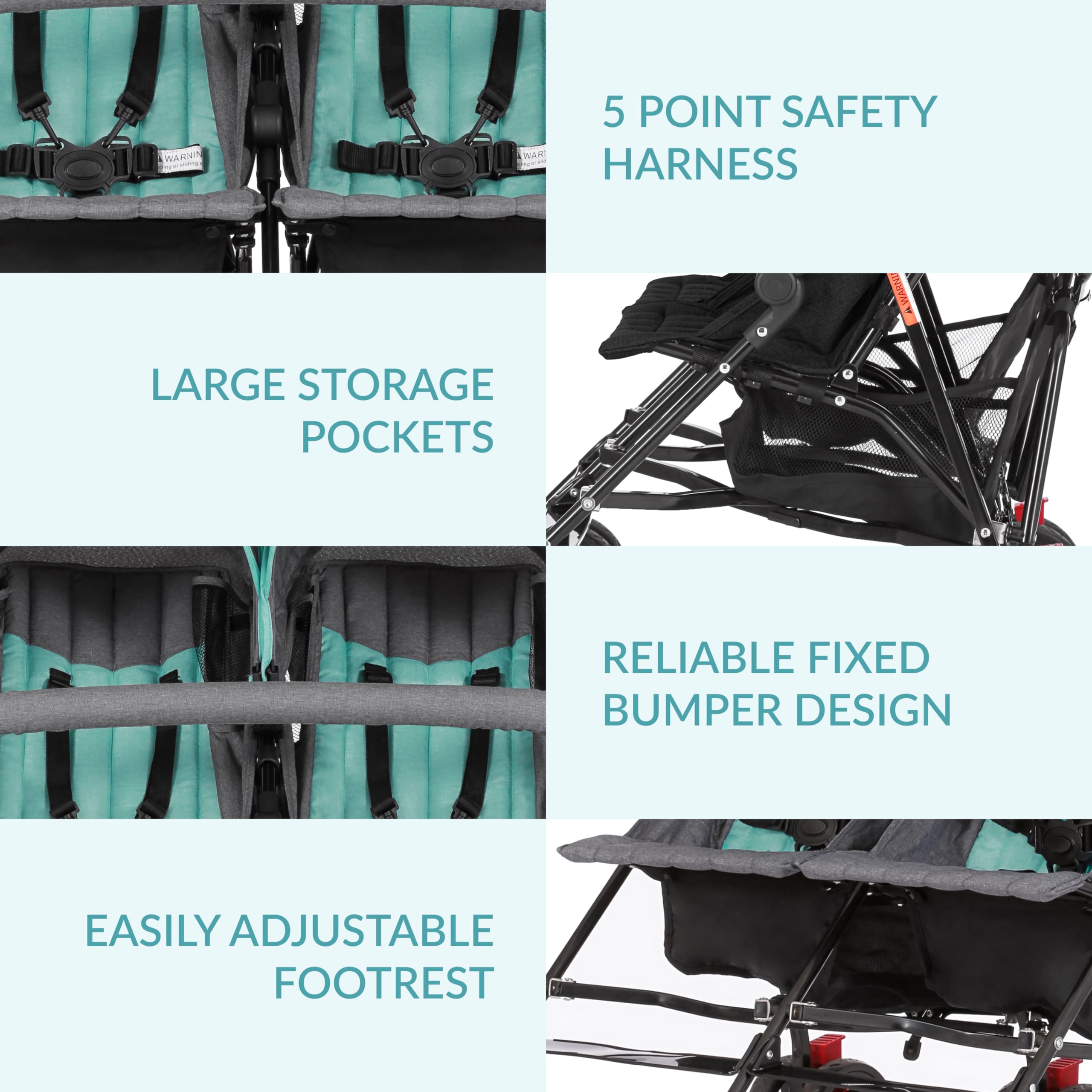 Dream On Me Volgo Twin Umbrella Stroller in Mint | Lightweight Double Stroller for Infant & Toddler | Compact Fold with Large Storage Basket | Adjustable Canopy | Perfect for Twins, Siblings or Daycare Use
