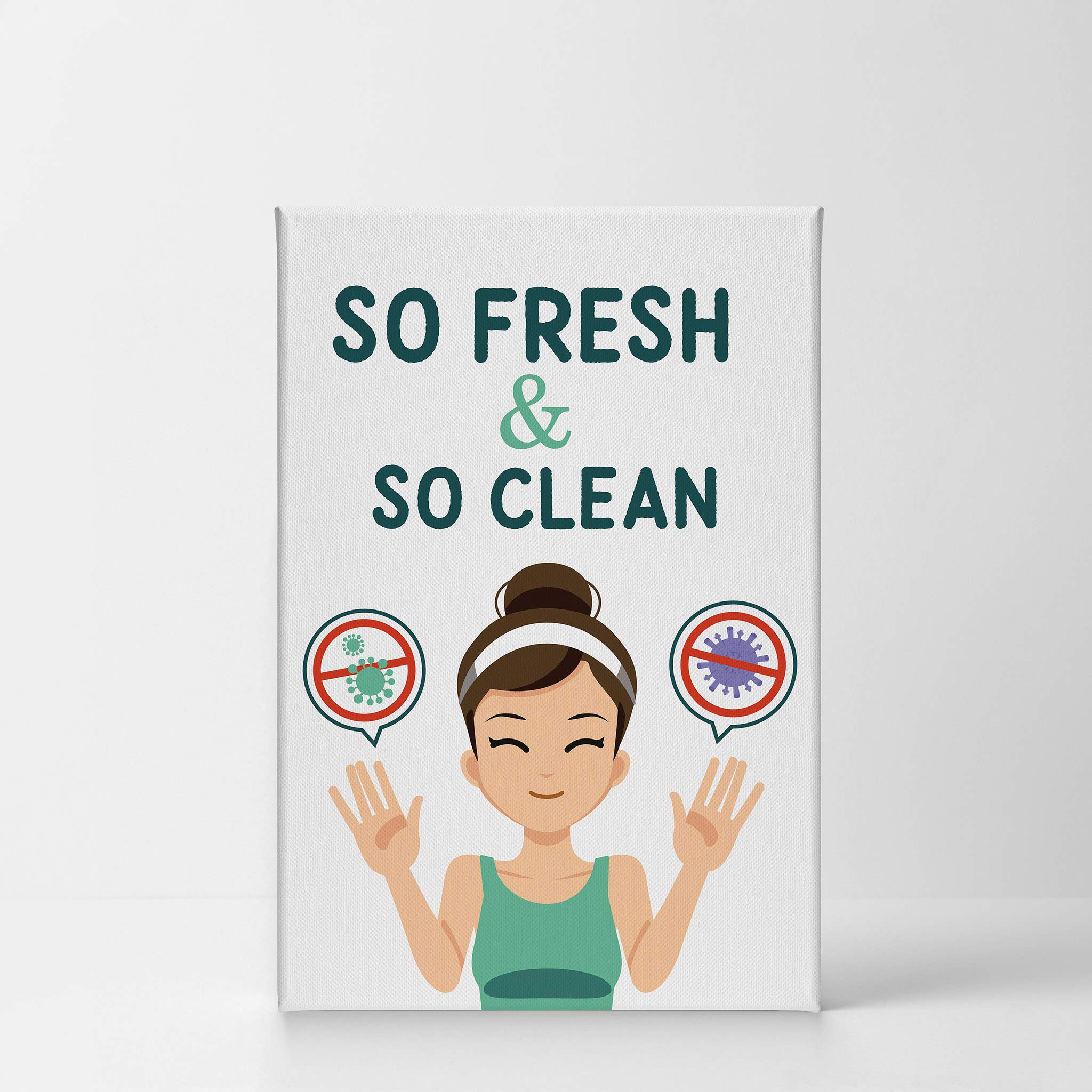 Smile Art Design 'So Fresh So Clean' Bathroom Canvas Print - Funny Cute Bathroom Sign for Kids, Nursery Wall Art, Home Decor - Ready to Hang 12x8 Inch - Made in USA | Perfect for Bathroom, Kids Room & Nursery Decor