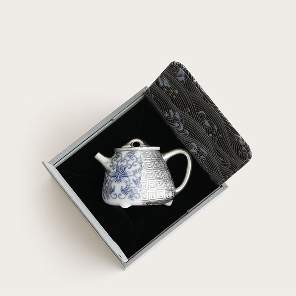 Antique Silver Gilt Blue and White Porcelain Teapot - Chinese Shi Piao Style - Perfect for Tea Ceremonies, Home Decor & Collector's Display