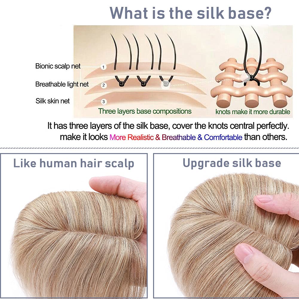 SEGO Clip-in Human Hair Topper for Women - Remy Hair Topper with Silk Base, No Bangs Wiglet for Hair Loss & Thinning Hair - Grey Coverage & Natural Look (4 Clips) - Perfect for Daily Wear, Special Occasions & Hair Volume Boosting