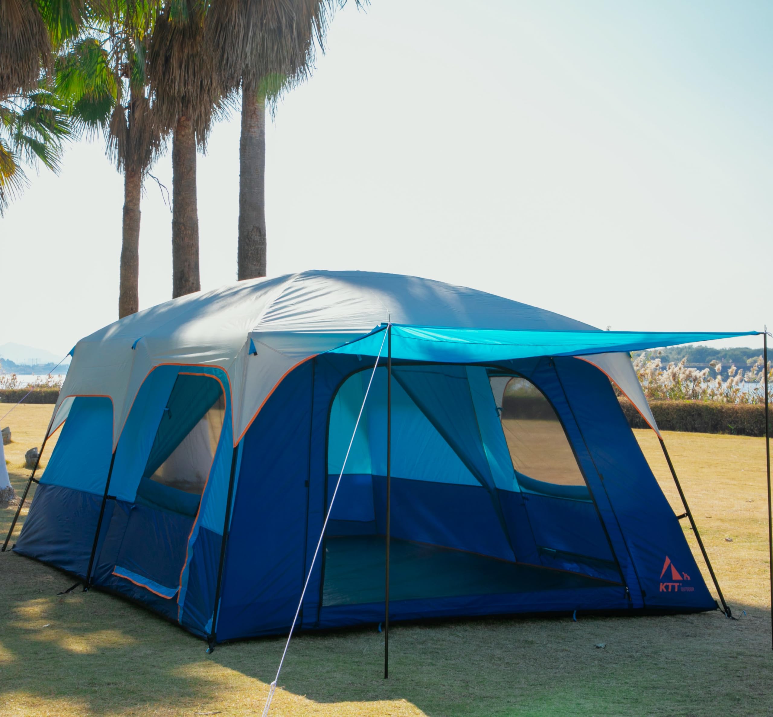 KTT Extra Large Family Cabin Tent for 10-12-14 People - 2 Rooms, 3 Doors & 3 Windows with Mesh, Straight Wall Design, Waterproof Double Layer - Perfect for Camping, Picnics, Outdoor Adventures & Family Gatherings