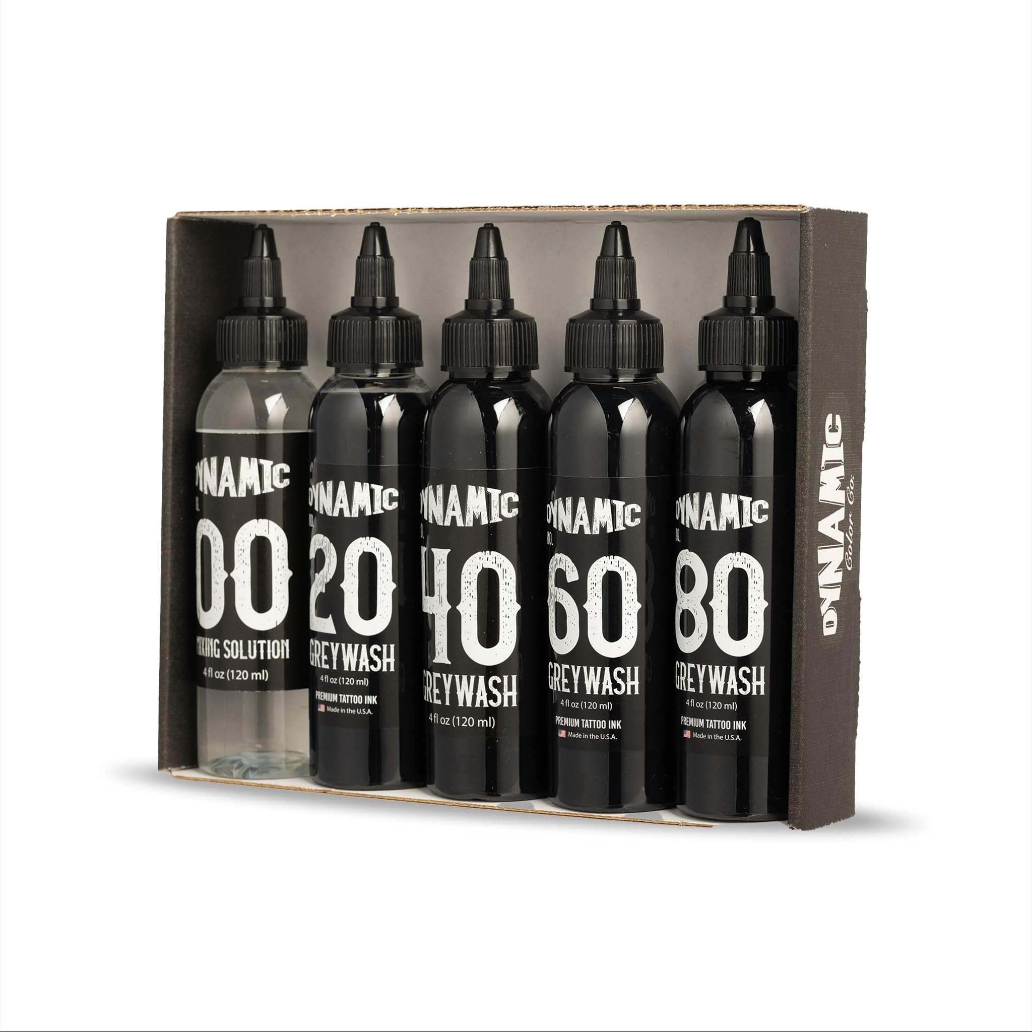 Premade Tattoo Greywash Set - 4 Dynamic Shades with Mixing Solution | 5 Bottle Professional Tattoo Ink Kit | Made in USA | Sterile & Vegan | Hospital Grade Water (4oz Each) | Perfect for Realism, Shading & Portrait Tattoos