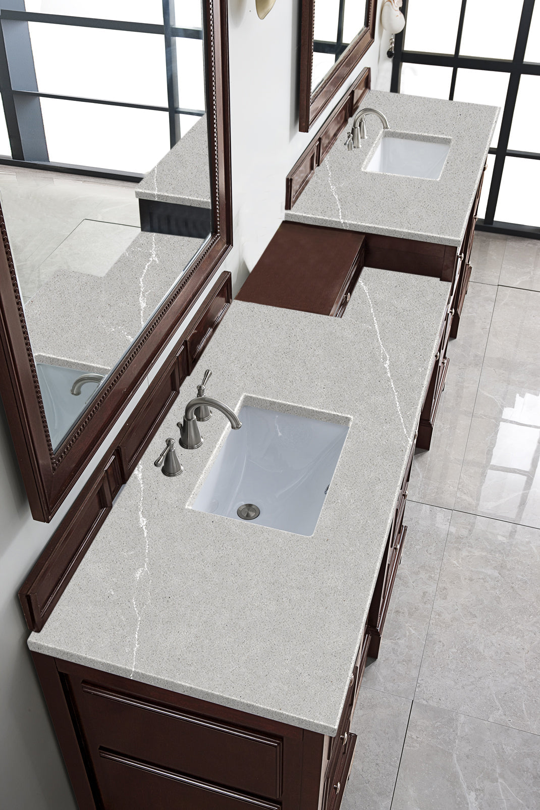 De Soto 118 Double Vanity Set with Makeup Table - Burnished Mahogany Finish & 3CM Eternal Serena Quartz Top | Perfect for Bedroom, Bathroom & Dressing Room Organization