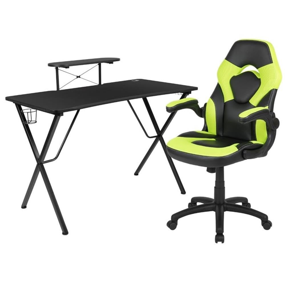 BOWERY HILL 2-Piece Gaming Desk Set with Monitor Stand - Black & Green Computer Desk for PC Gaming Setup, Home Office & Streaming Station