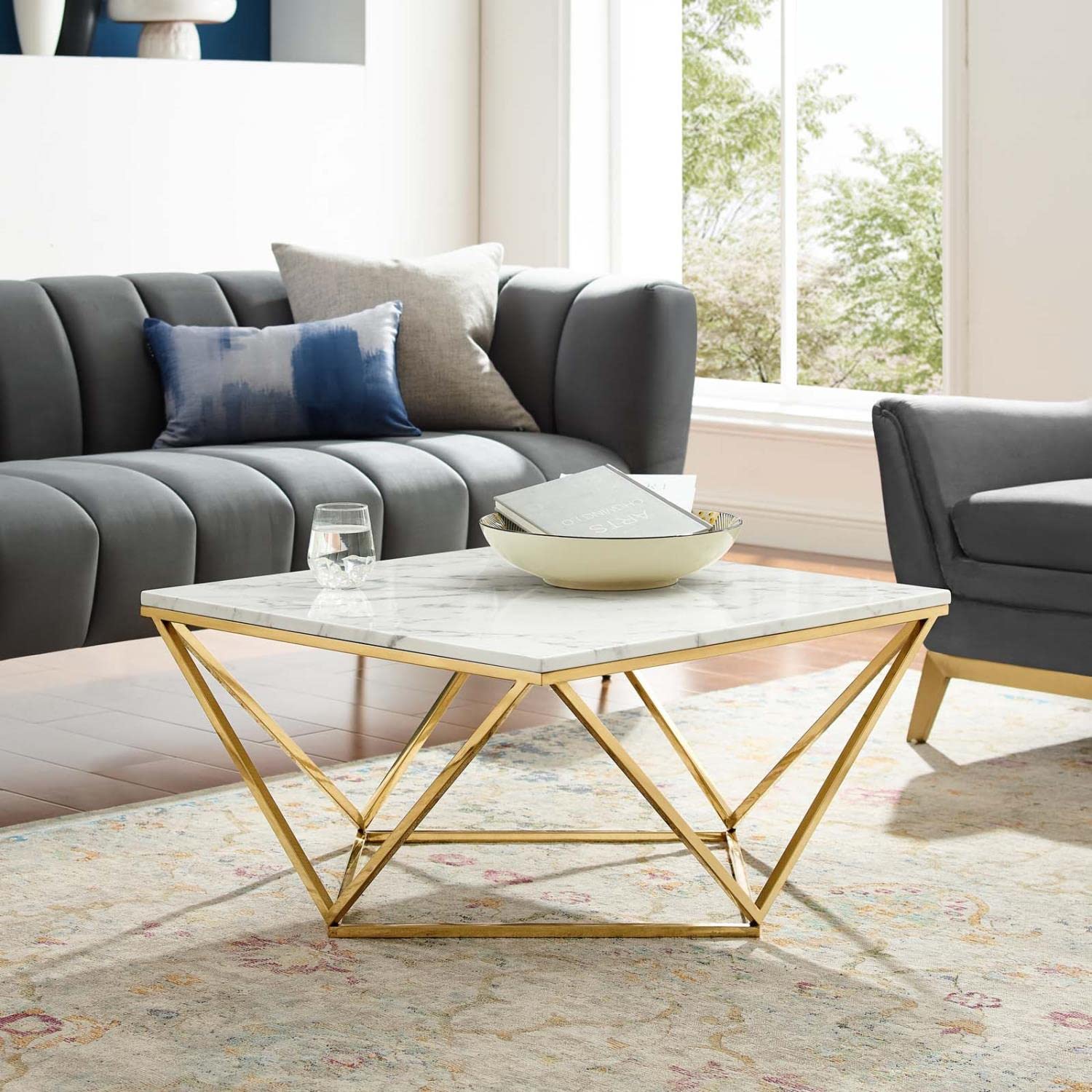 Modway Vertex Gold Metal Stainless Steel Coffee Table - Modern Round End Table with White Glass Top for Living Room, Office & Lounge Decor