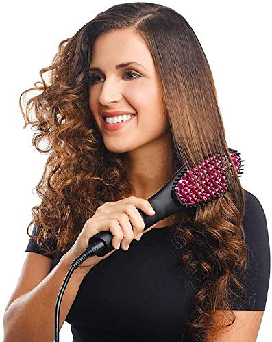 Nishoya Ceramic Hair Straightener Brush with Temperature Control - 2-in-1 Flat Iron & Curling Brush for Smooth & Wavy Styles | Perfect for Home Use, Travel & Salon Styling