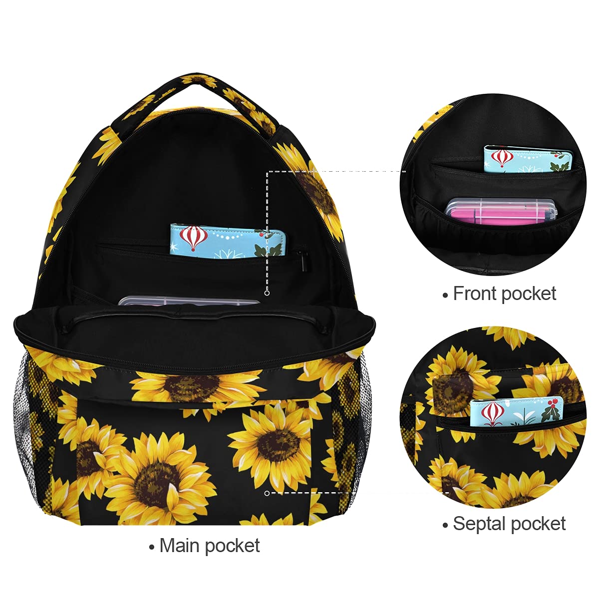 **Custom Black Sunflower Backpack for Girls & Teens - Personalized School Backpack with Name/Text - Durable & Stylish for School, Travel & Daily Use**